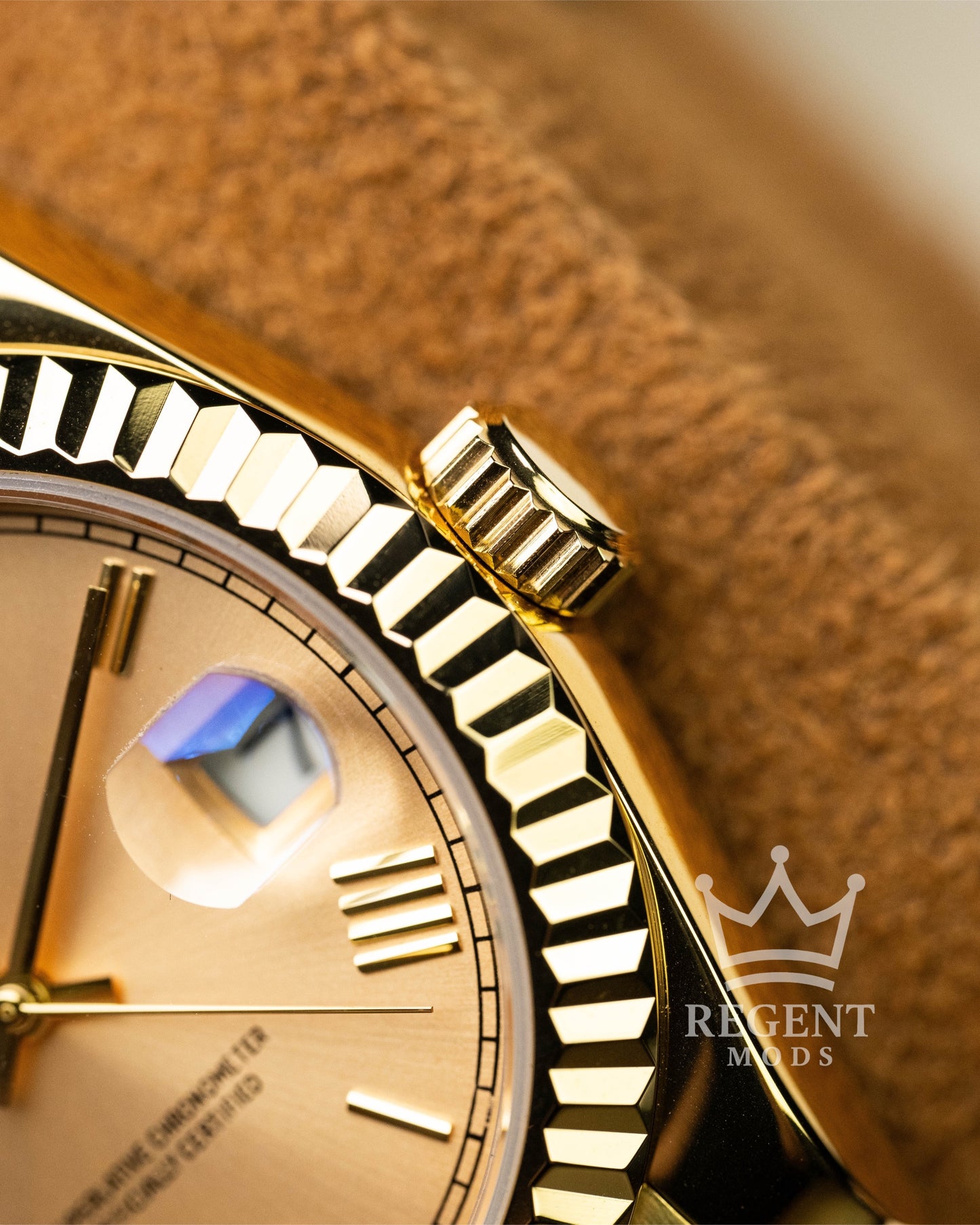 Custom Full Gold Seiko Day-Date Mod Featuring Champagne Dial Roman Numeral Markers Fluted Bezel And Classic President Bracelet