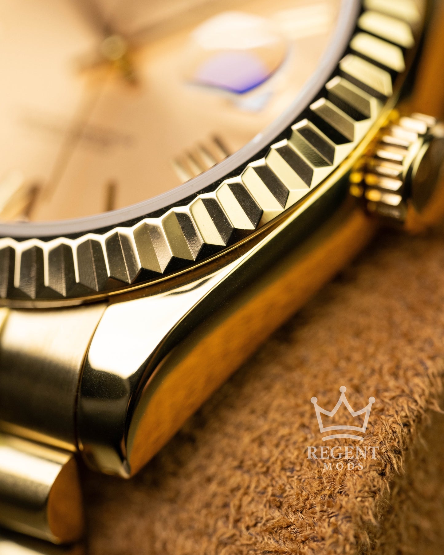 Custom Full Gold Seiko Day-Date Mod Featuring Champagne Dial Roman Numeral Markers Fluted Bezel And Classic President Bracelet