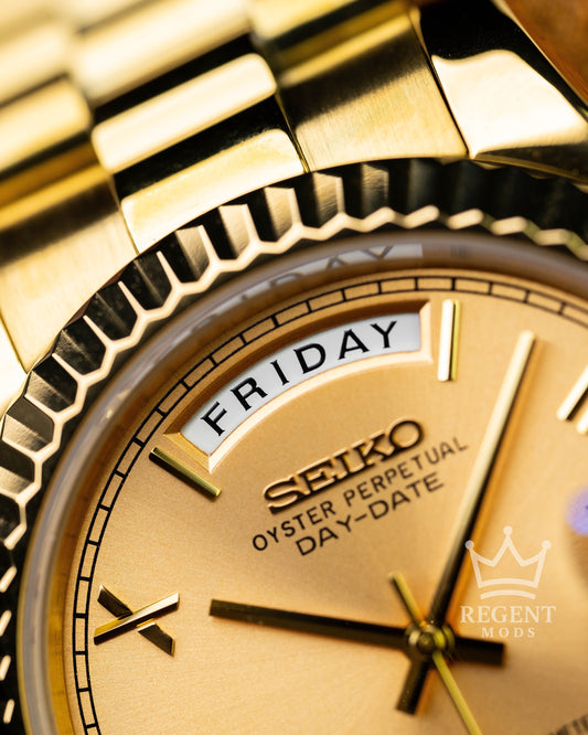 Custom Full Gold Seiko Day-Date Mod Featuring Champagne Dial Roman Numeral Markers Fluted Bezel And Classic President Bracelet