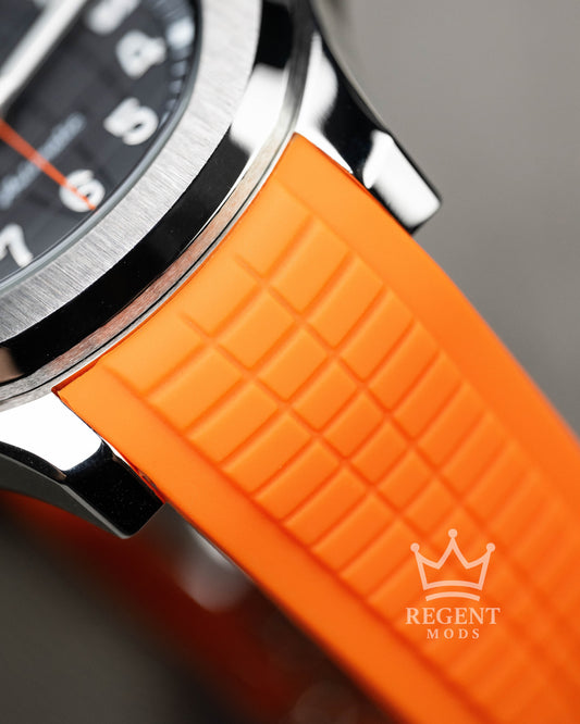 Custom Seiko Mod Aquanaut Nautilus With Black Dial Orange Seconds Hand Waffle Textured Face And Brushed Steel Bezel On Orange Rubber Strap