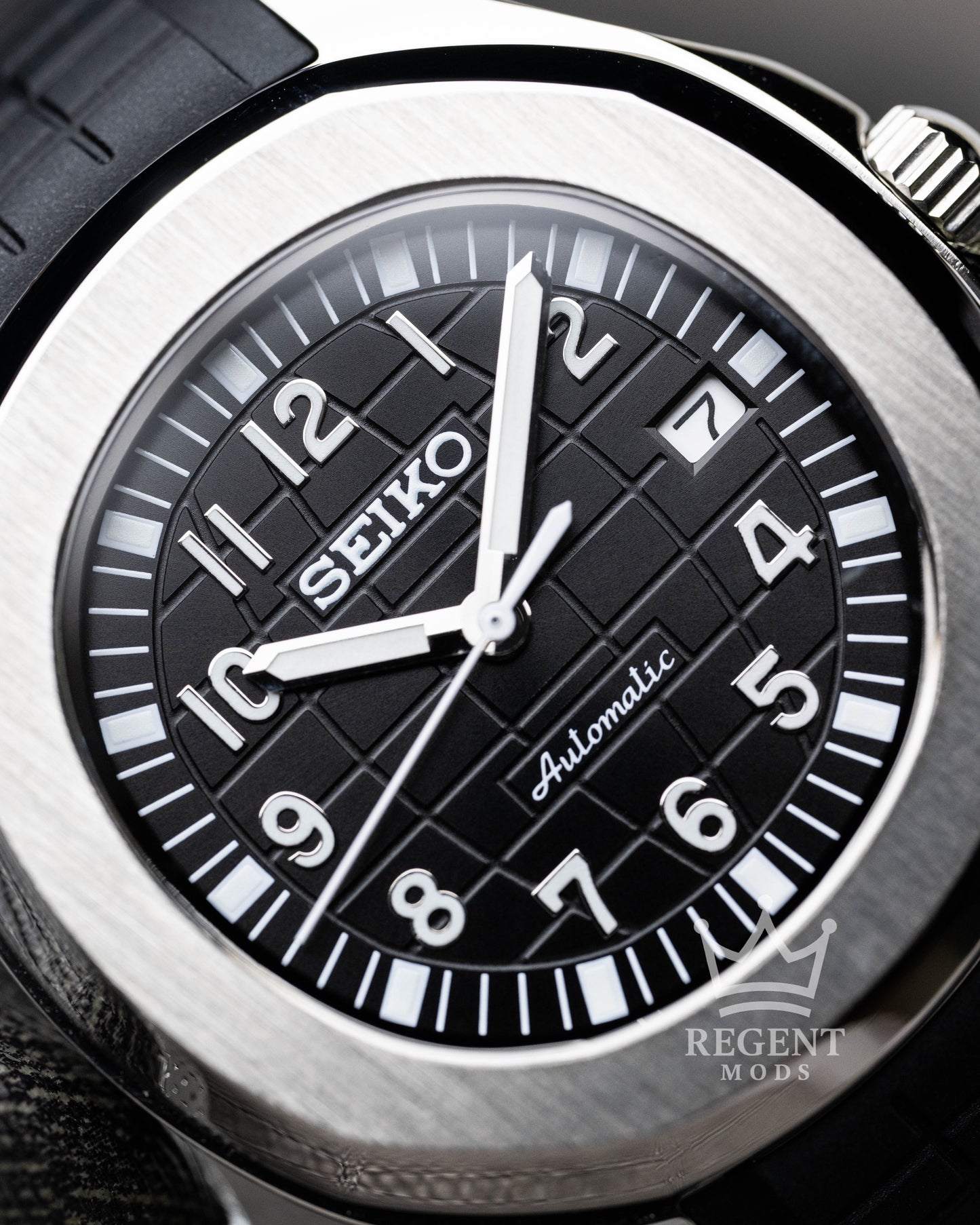 Custom Seiko Mod Aquanaut Nautilus With Black Dial Waffle Textured Face And Brushed Steel Bezel On Rubber Strap