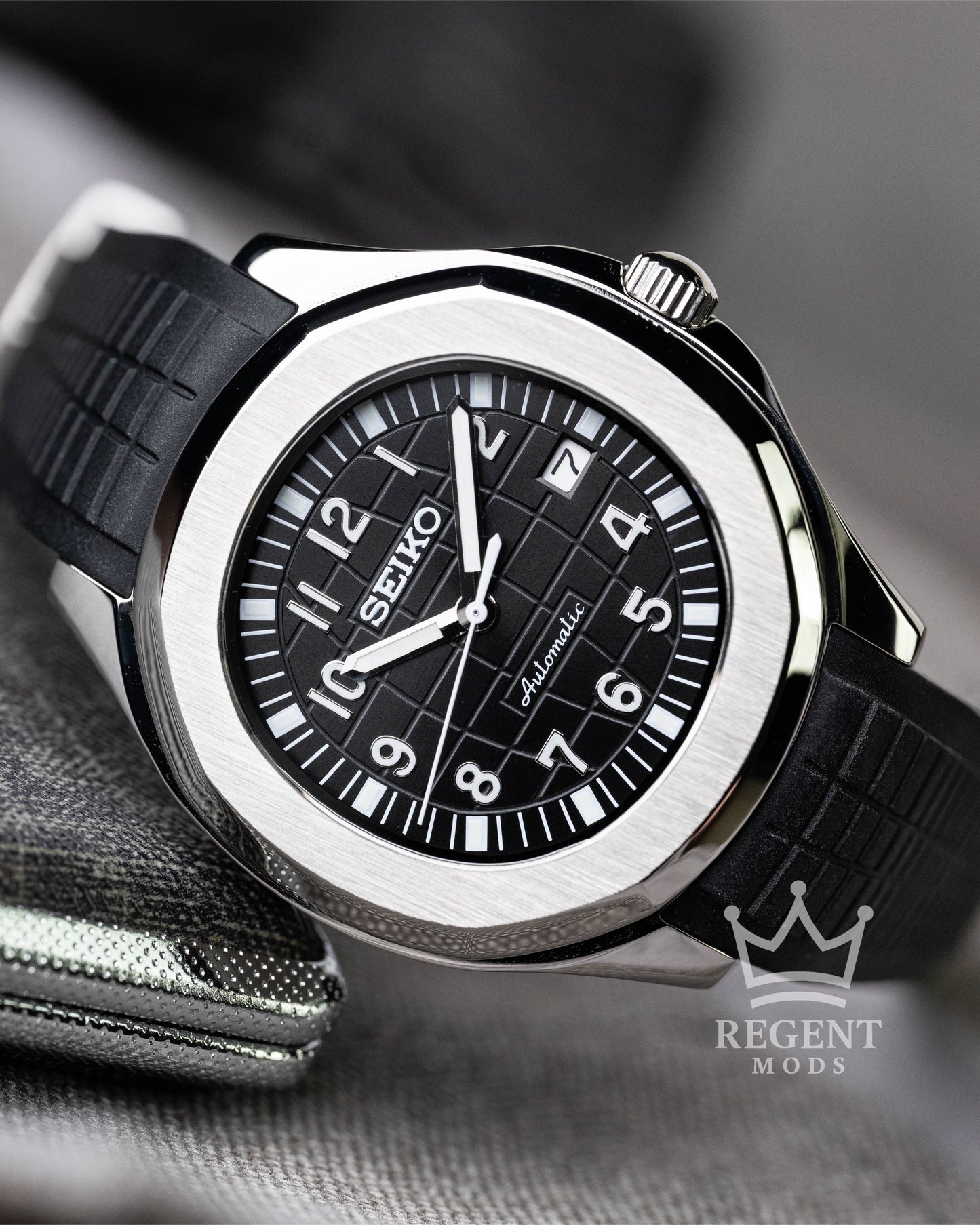Custom Seiko Mod Aquanaut Nautilus With Black Dial Waffle Textured Face And Brushed Steel Bezel On Rubber Strap