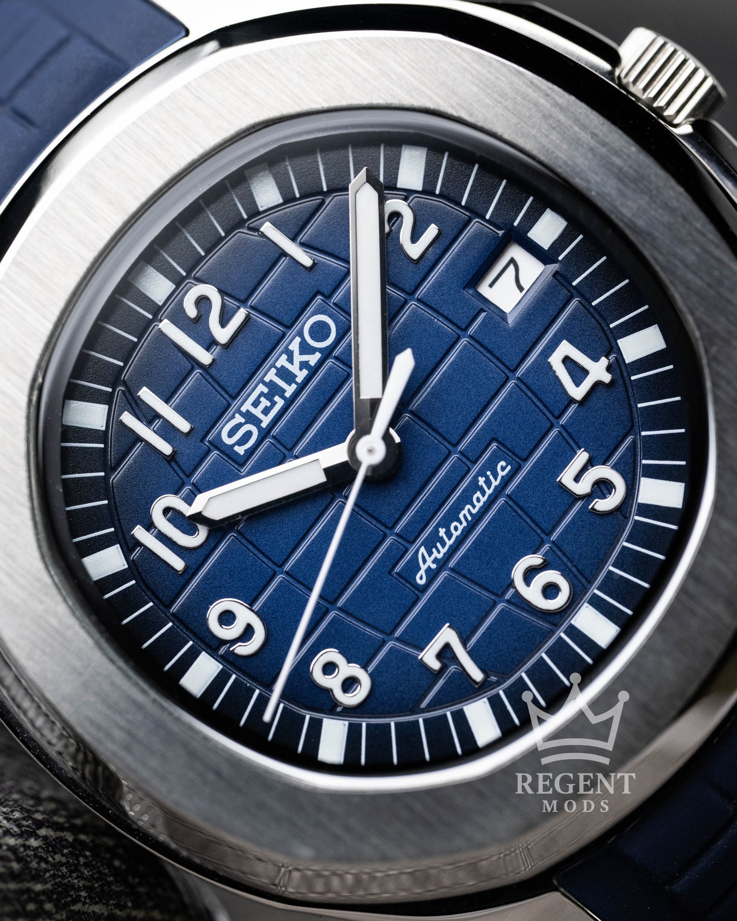 Custom Seiko Mod Aquanaut Nautilus With Blue Dial Waffle Textured Face And Brushed Steel Bezel On Rubber Strap