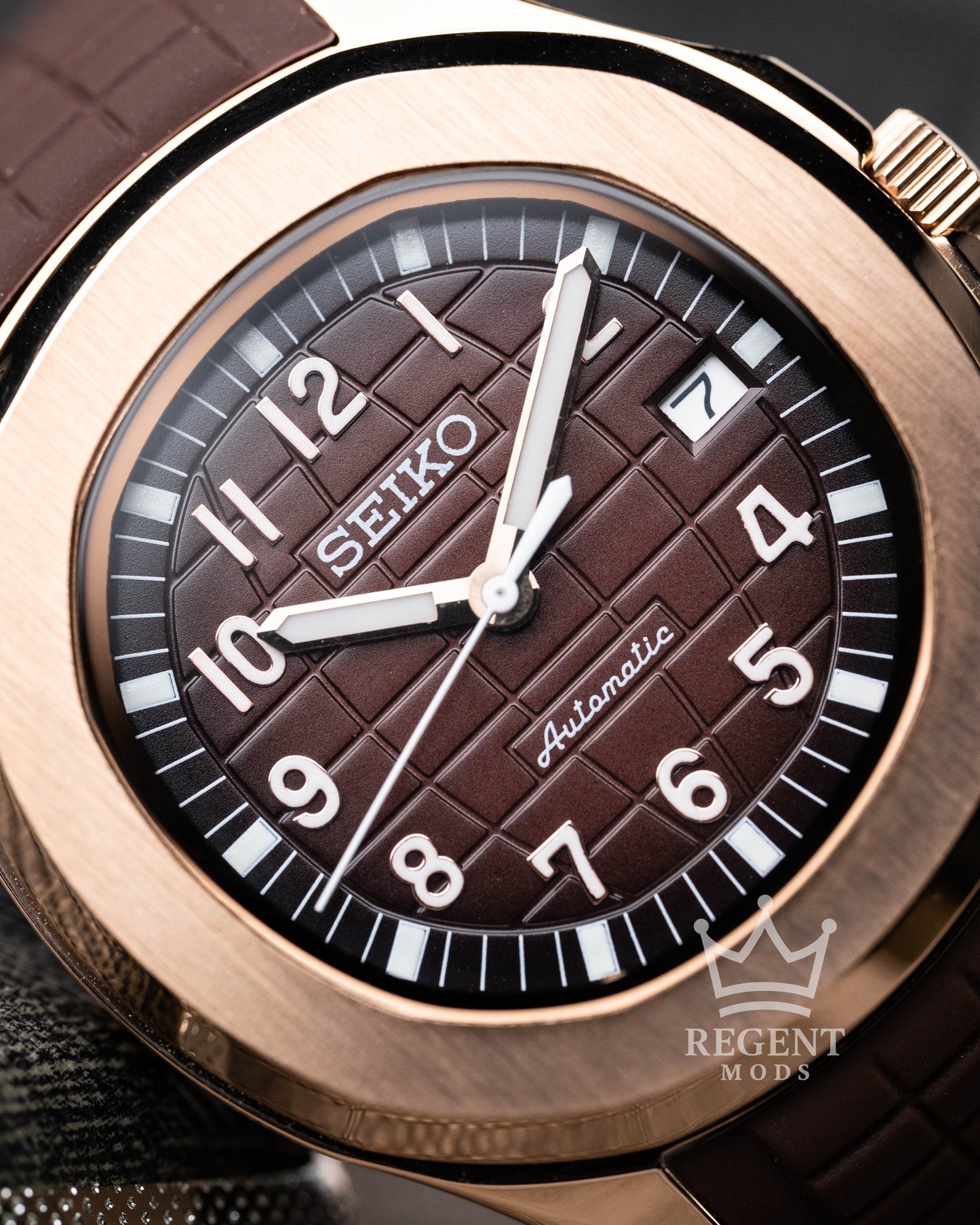 Custom Seiko Mod Aquanaut Nautilus With Brown Dial Waffle Textured Face And Brushed Rose Gold Case On Brown Rubber Strap