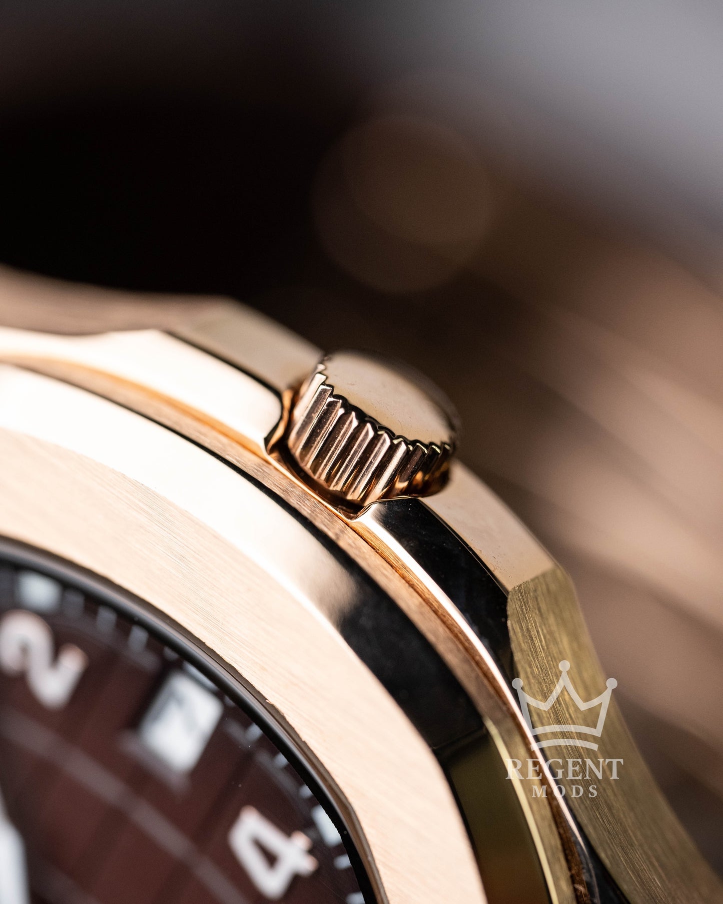 Custom Seiko Mod Aquanaut Nautilus With Brown Dial Waffle Textured Face And Brushed Rose Gold Case On Brown Rubber Strap