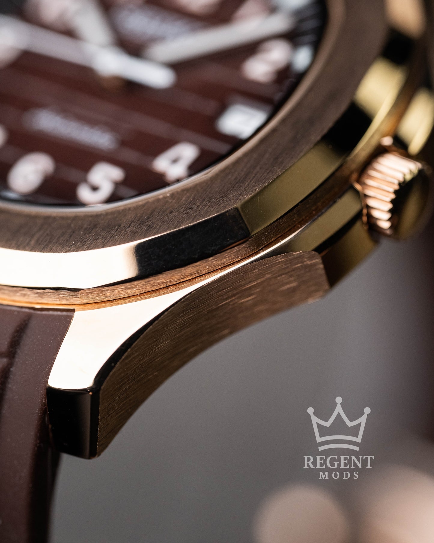 Custom Seiko Mod Aquanaut Nautilus With Brown Dial Waffle Textured Face And Brushed Rose Gold Case On Brown Rubber Strap