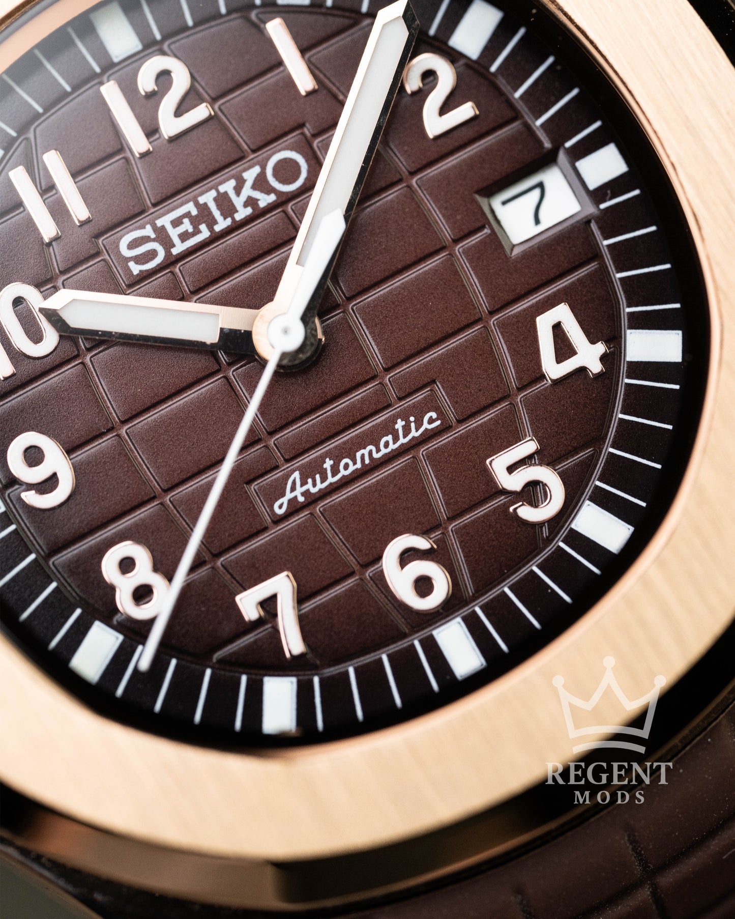 Custom Seiko Mod Aquanaut Nautilus With Brown Dial Waffle Textured Face And Brushed Rose Gold Case On Brown Rubber Strap