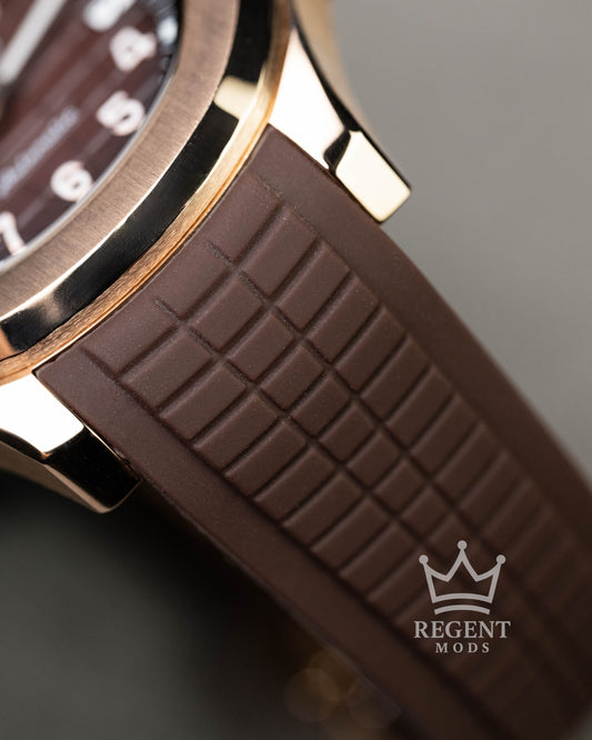 Custom Seiko Mod Aquanaut Nautilus With Brown Dial Waffle Textured Face And Brushed Rose Gold Case On Brown Rubber Strap