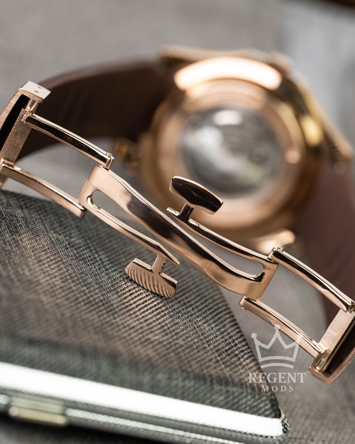 Custom Seiko Mod Aquanaut Nautilus With Brown Dial Waffle Textured Face And Brushed Rose Gold Case On Brown Rubber Strap