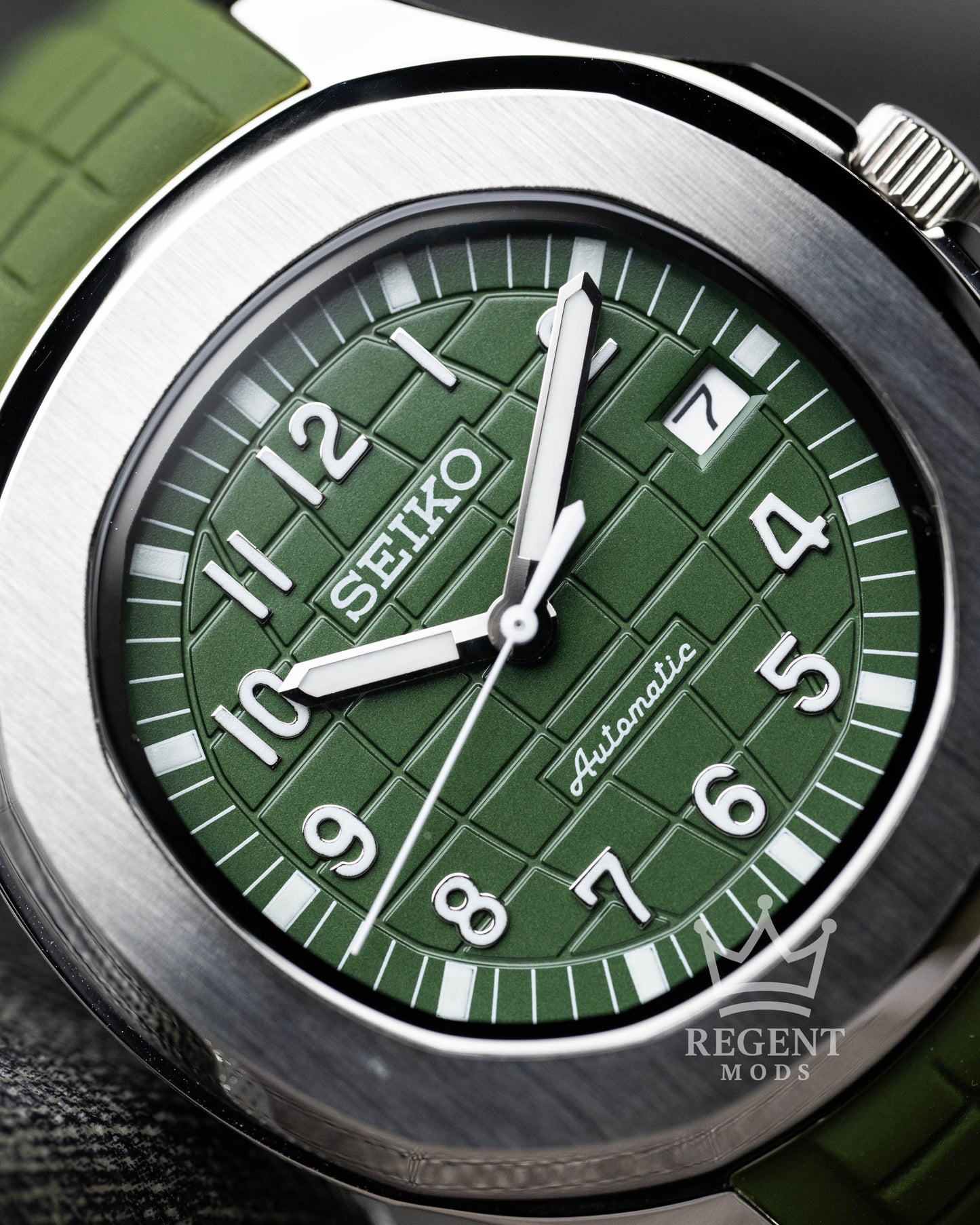 Custom Seiko Mod Aquanaut Nautilus With Green Dial Waffle Textured Face And Brushed Steel Bezel On Green Olive Rubber Strap