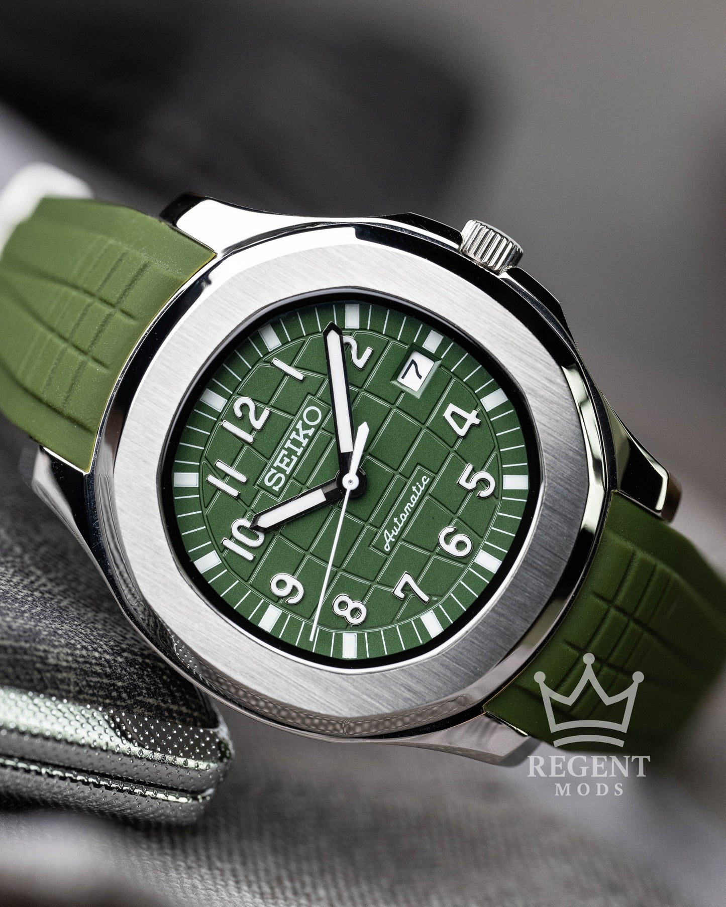Custom Seiko Mod Aquanaut Nautilus With Green Dial Waffle Textured Face And Brushed Steel Bezel On Green Olive Rubber Strap