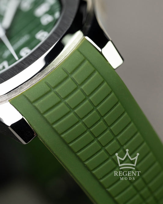 Custom Seiko Mod Aquanaut Nautilus With Green Dial Waffle Textured Face And Brushed Steel Bezel On Green Olive Rubber Strap