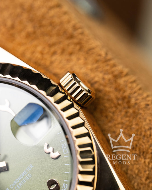 Custom Seiko Mod Datejust With Olive Green Sunburst Dial Arabic Numerals Fluted Bezel And Rosegold President Bracelet And Case