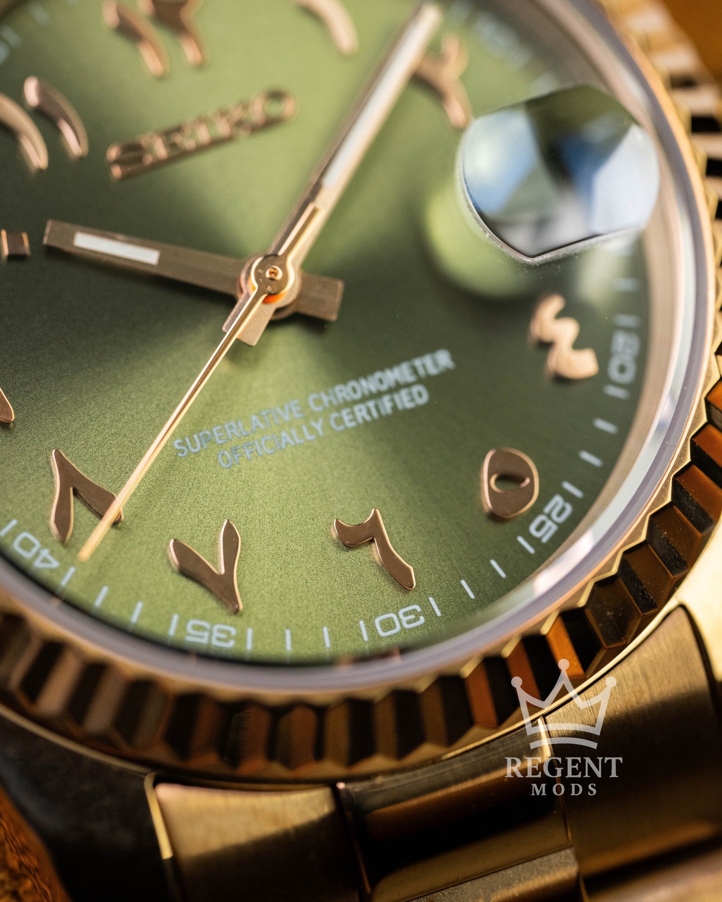 Custom Seiko Mod Datejust With Olive Green Sunburst Dial Arabic Numerals Fluted Bezel And Rosegold President Bracelet And Case