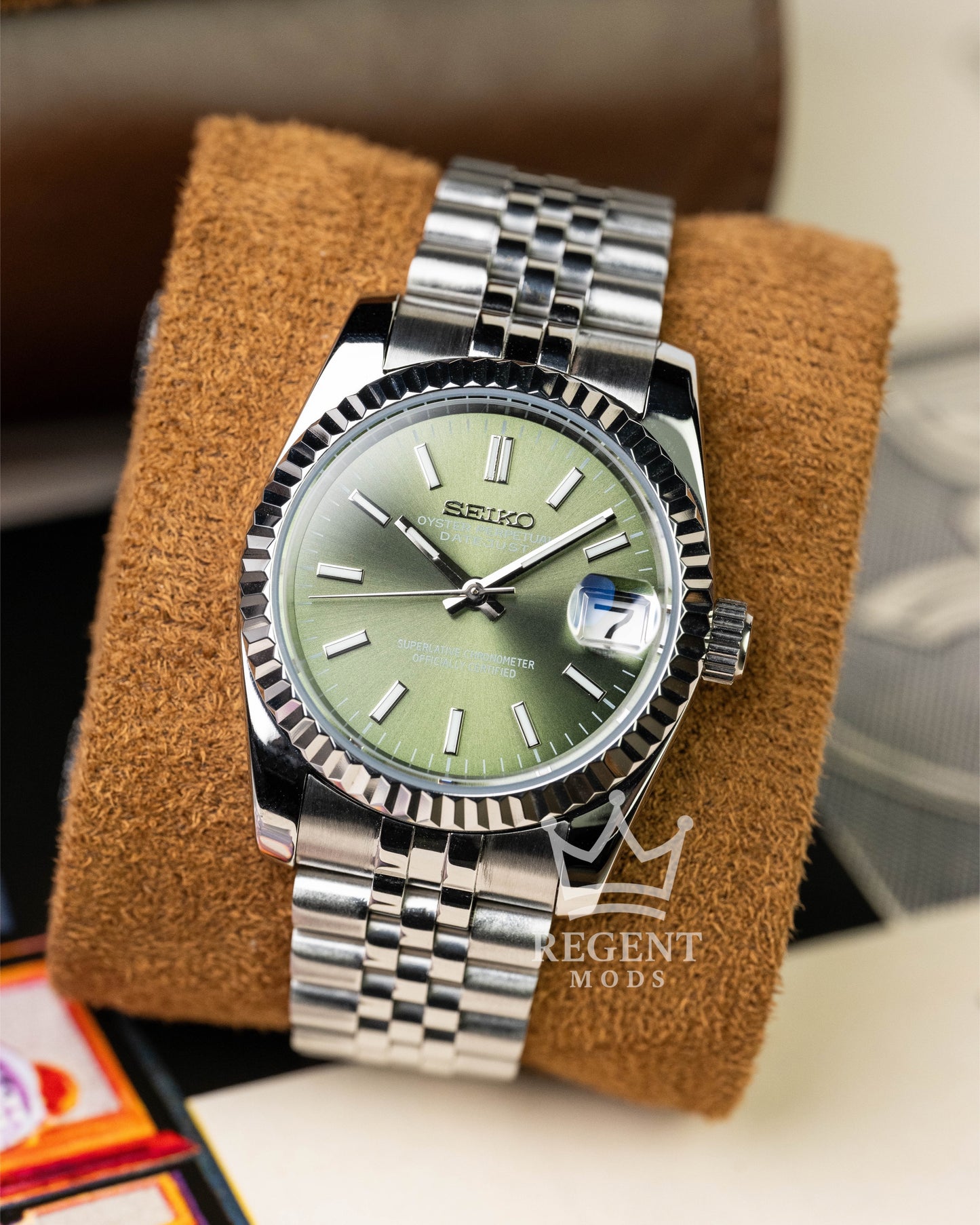Custom Seiko Mod Datejust With Olive Green Sunburst Dial Fluted Bezel Jubilee Bracelet And Polished Silver Indices