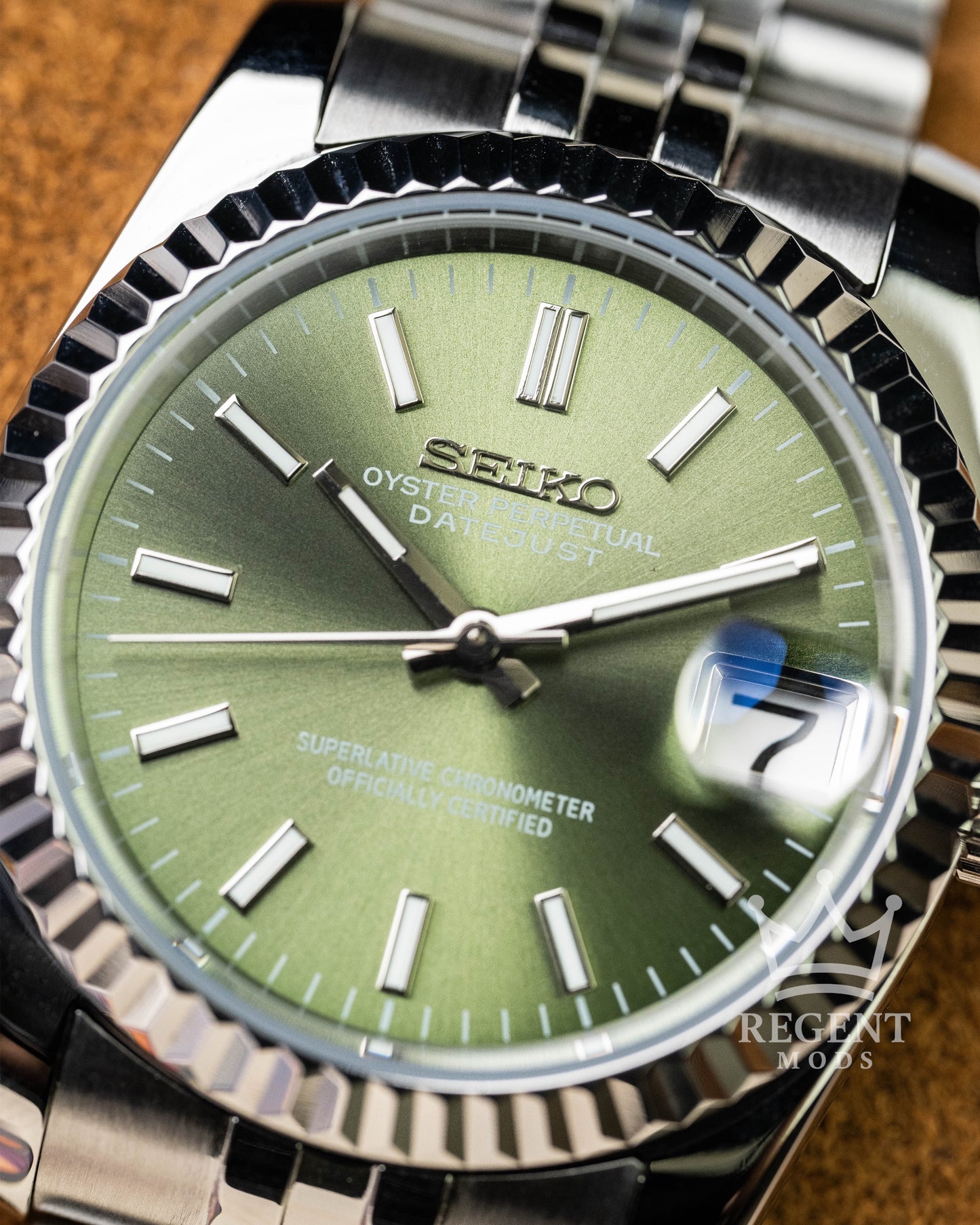 Custom Seiko Mod Datejust With Olive Green Sunburst Dial Fluted Bezel Jubilee Bracelet And Polished Silver Indices