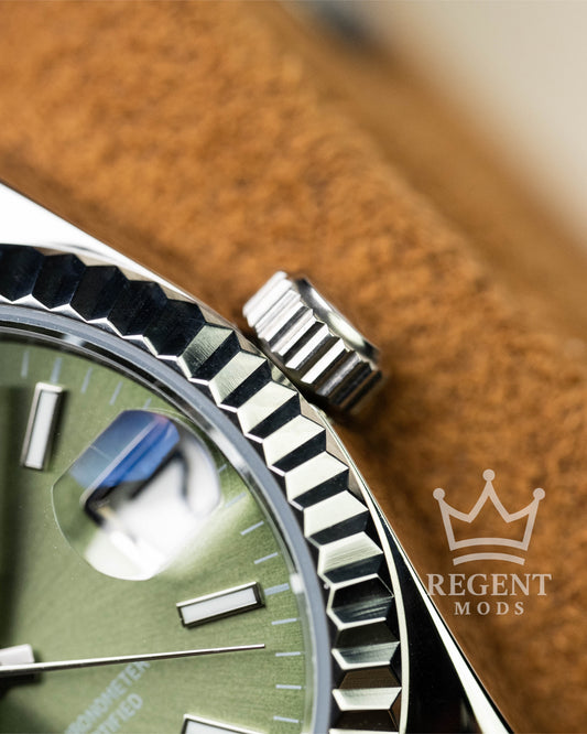 Custom Seiko Mod Datejust With Olive Green Sunburst Dial Fluted Bezel Jubilee Bracelet And Polished Silver Indices