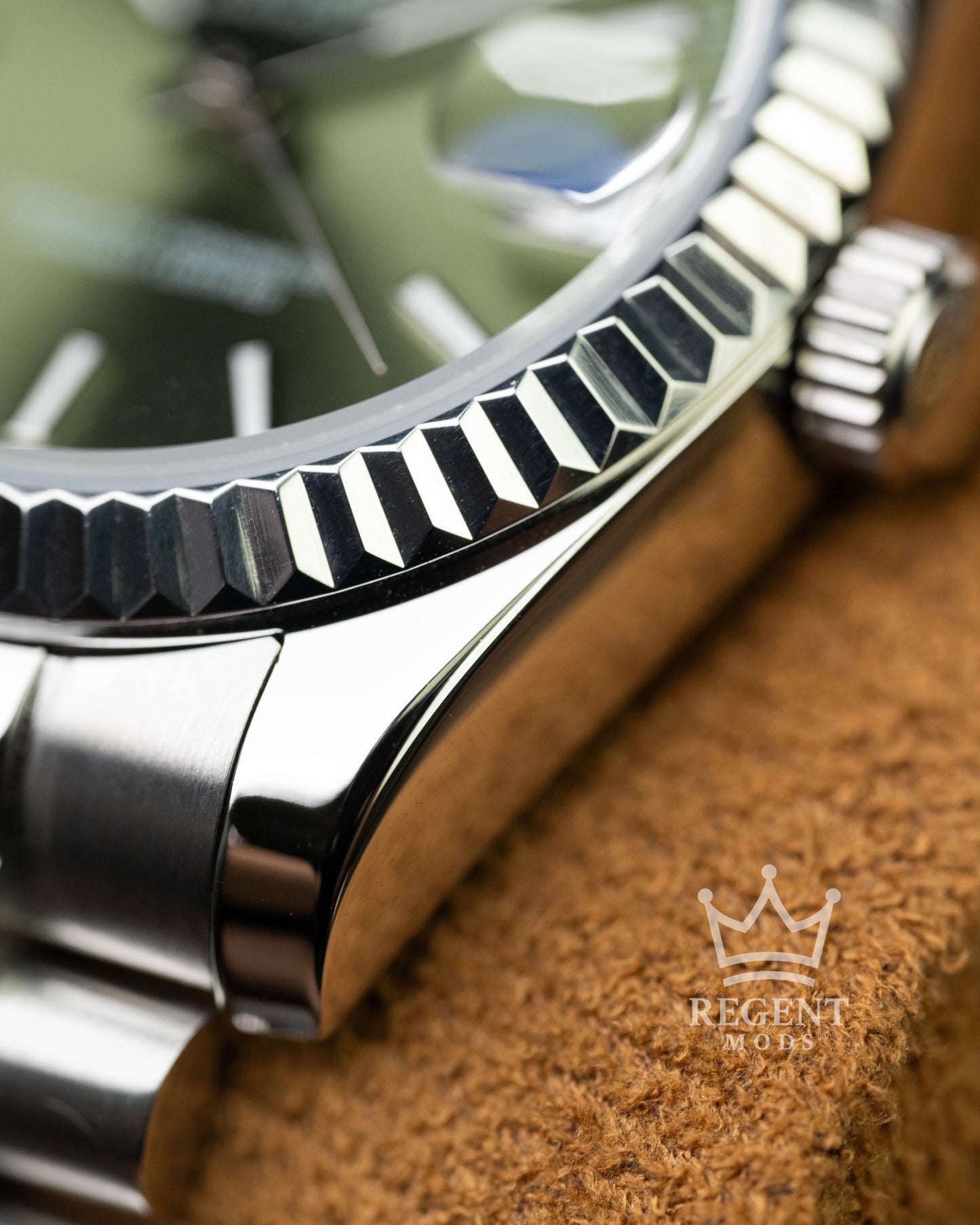 Custom Seiko Mod Datejust With Olive Green Sunburst Dial Fluted Bezel Jubilee Bracelet And Polished Silver Indices
