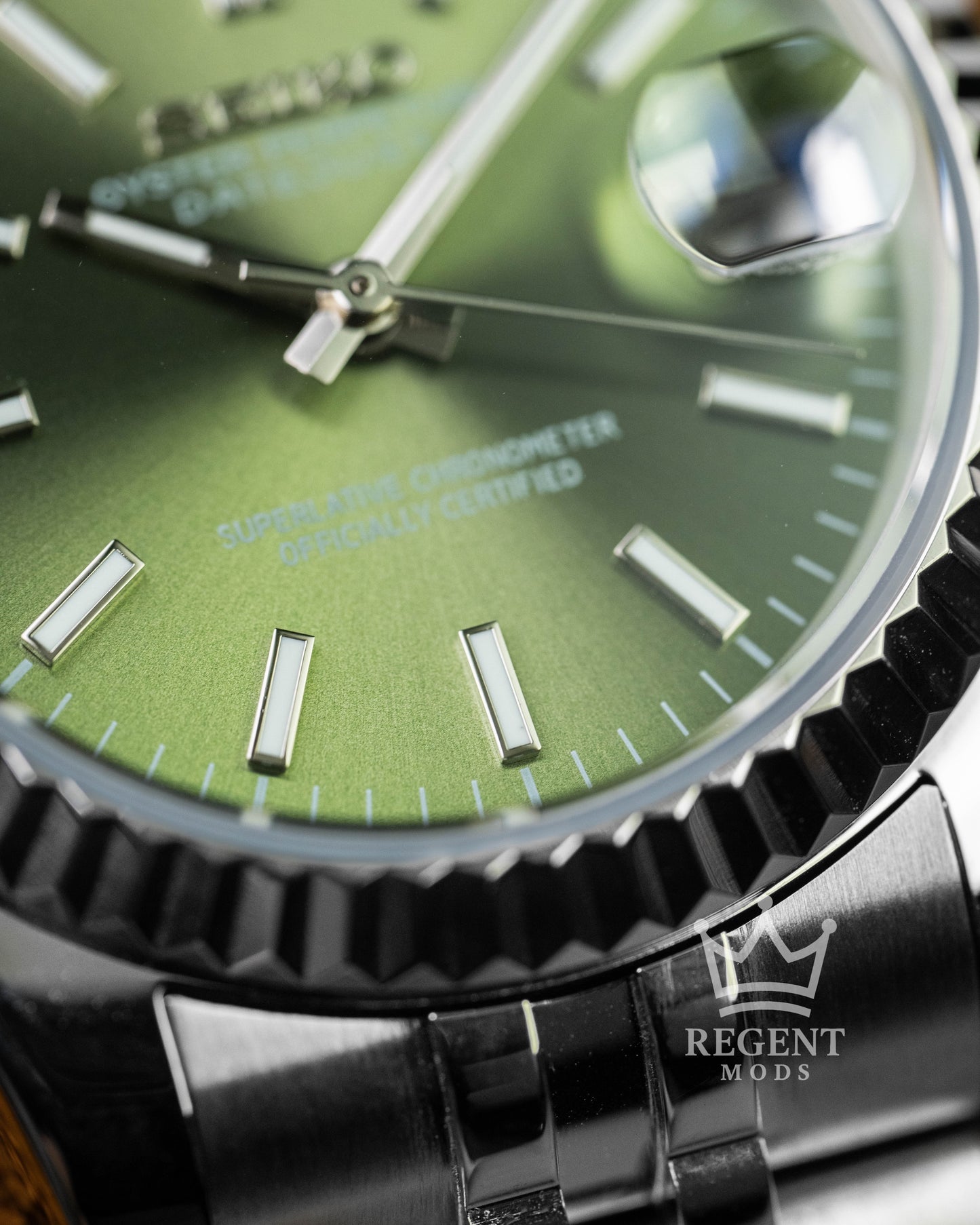 Custom Seiko Mod Datejust With Olive Green Sunburst Dial Fluted Bezel Jubilee Bracelet And Polished Silver Indices