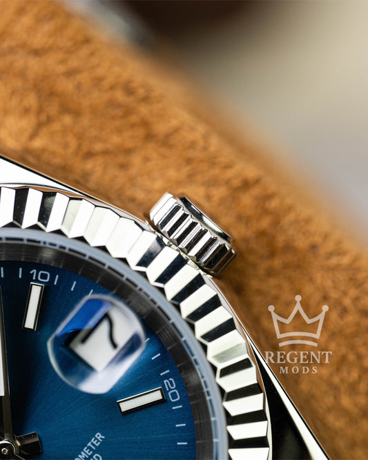 Custom Seiko Mod Datejust With Sunburst Blue Dial Fluted Bezel Jubilee Bracelet And Cyclops Magnifier
