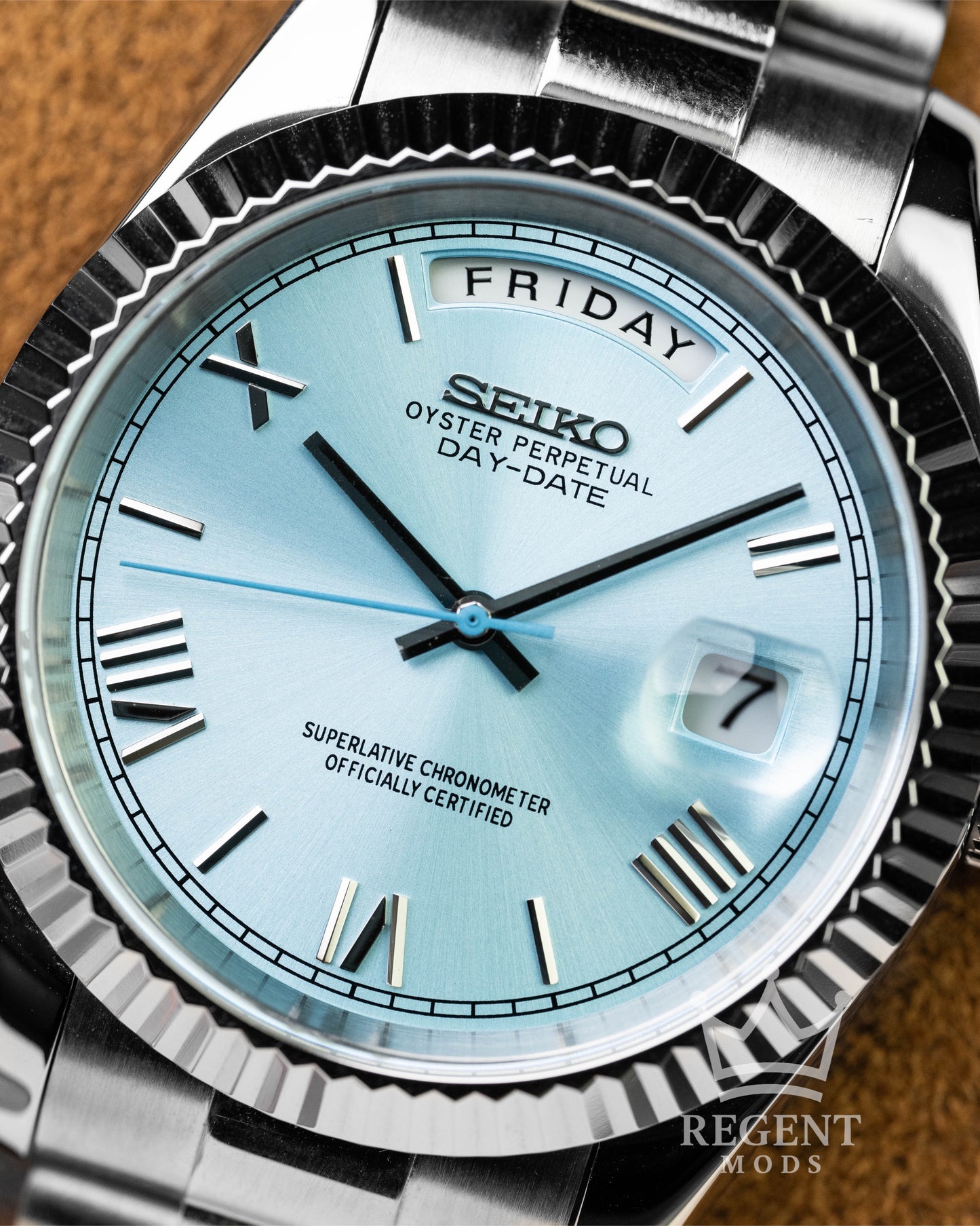 Custom Seiko Day-Date Mod With Tiffany Platinum Blue Dial Roman Numerals Fluted Bezel And Jubilee Bracelet In Stainless Steel