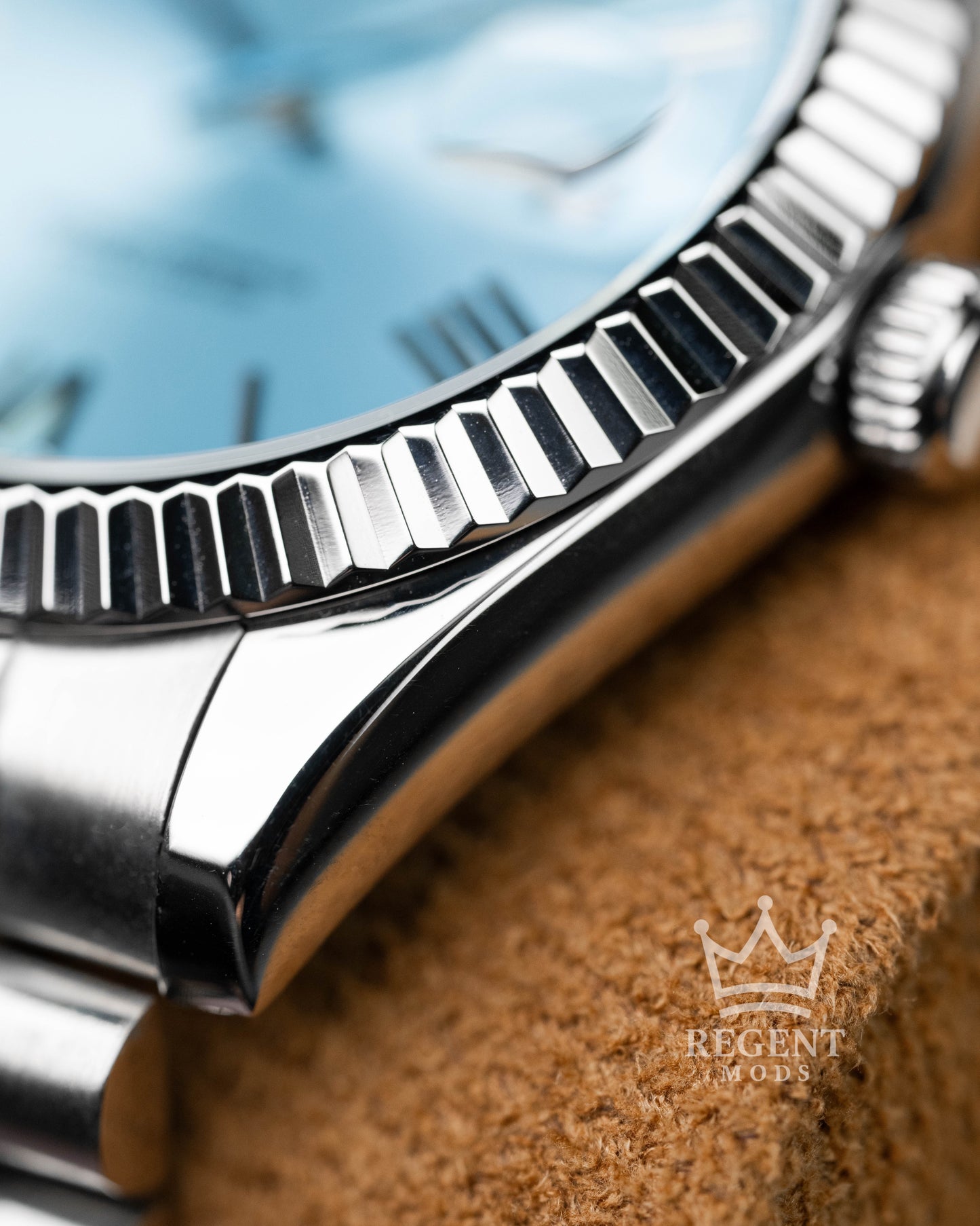 Custom Seiko Day-Date Mod With Tiffany Platinum Blue Dial Roman Numerals Fluted Bezel And Jubilee Bracelet In Stainless Steel