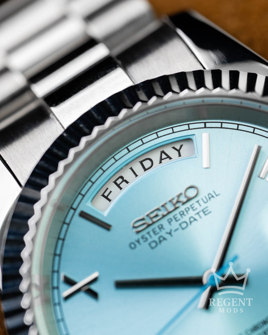 Custom Seiko Day-Date Mod With Tiffany Platinum Blue Dial Roman Numerals Fluted Bezel And Jubilee Bracelet In Stainless Steel