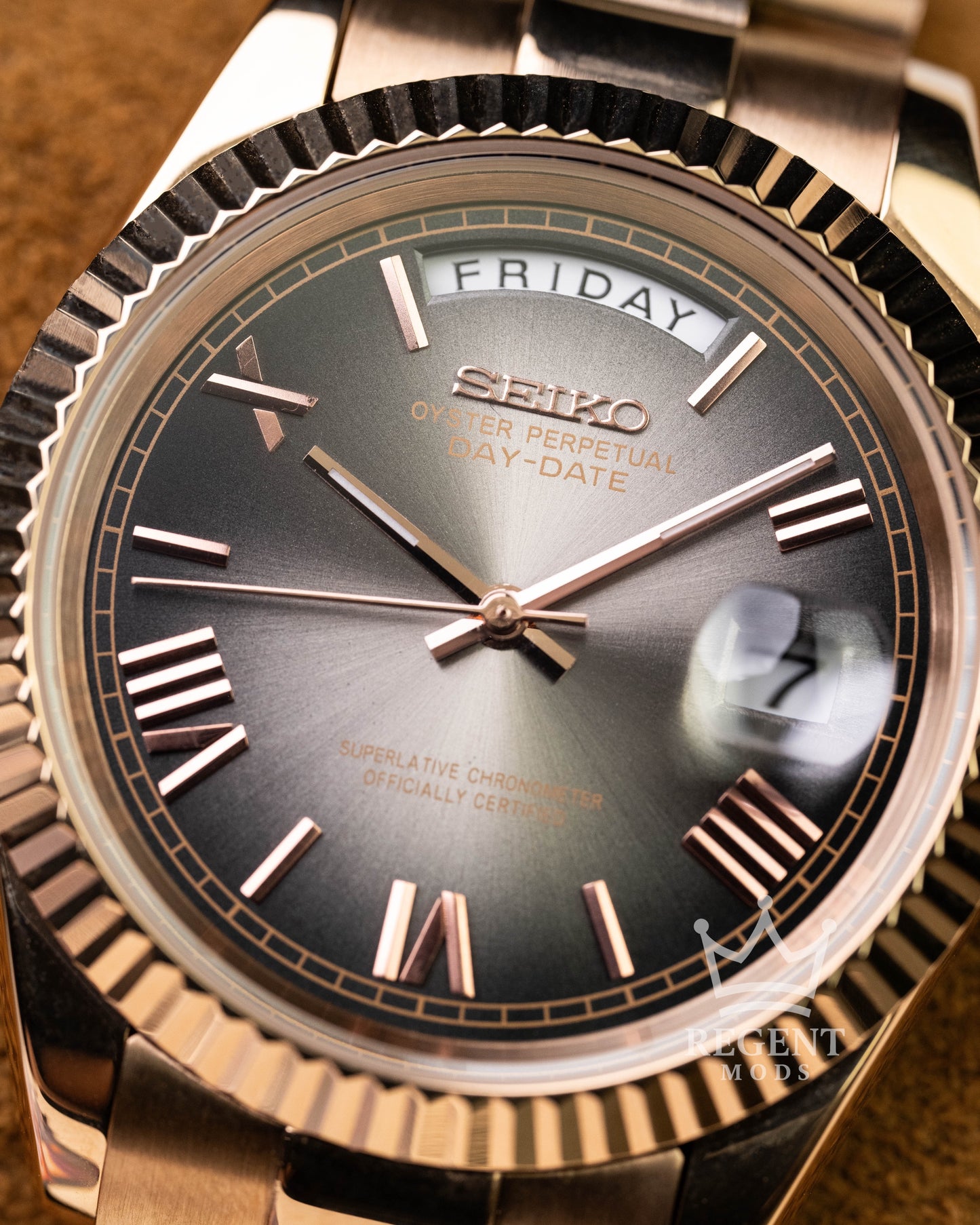 Custom Seiko Day-Date Mod With Rose Gold Case Gradient Black Slate Ombre Dial Roman Numerals Fluted Bezel And President Bracelet