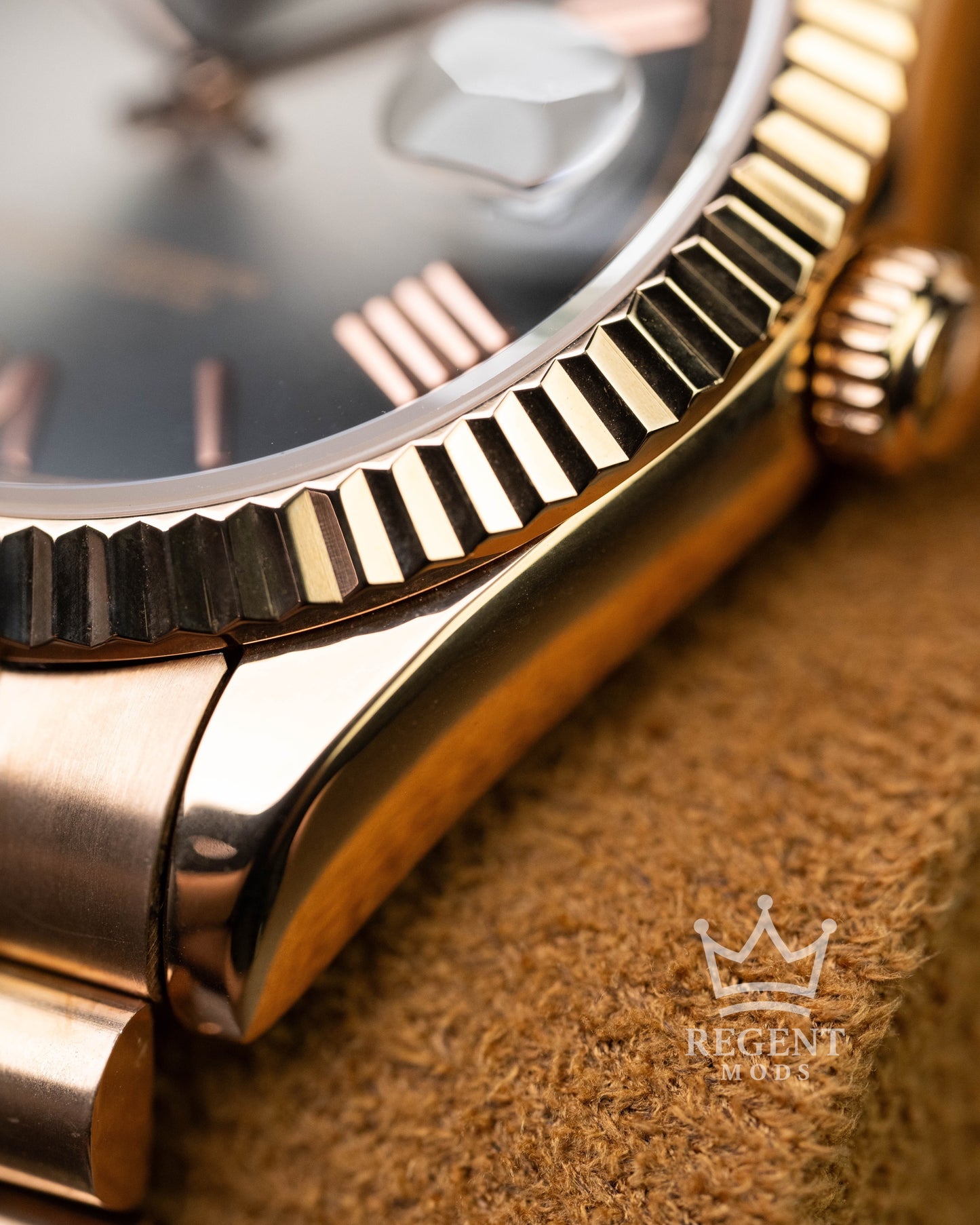 Custom Seiko Day-Date Mod With Rose Gold Case Gradient Black Slate Ombre Dial Roman Numerals Fluted Bezel And President Bracelet