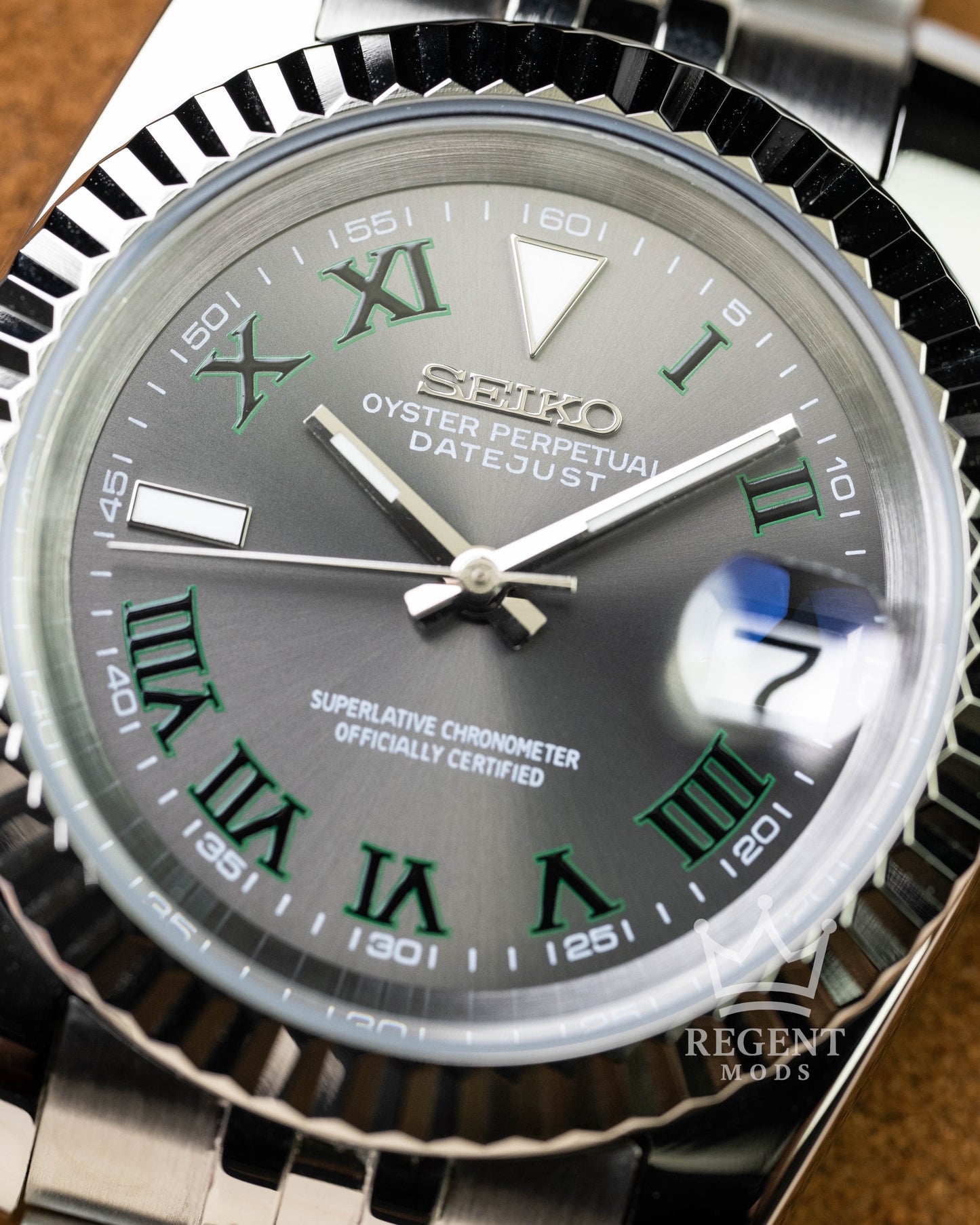 Custom Seiko Mod Wimbledon Datejust With Slate Grey Dial Green Roman Numerals Jubilee Bracelet And Fluted Bezel