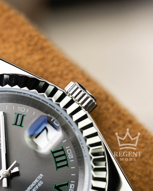 Custom Seiko Mod Wimbledon Datejust With Slate Grey Dial Green Roman Numerals Jubilee Bracelet And Fluted Bezel