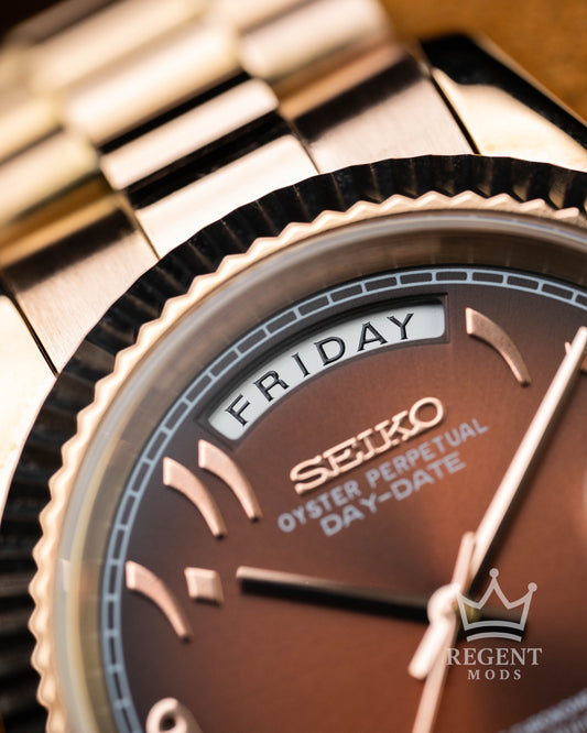 Custom Rose Gold Seiko Day-Date Mod With Sunburst Brown Chocolate Dial Arabic Numeral Indices Fluted Bezel And President Bracelet