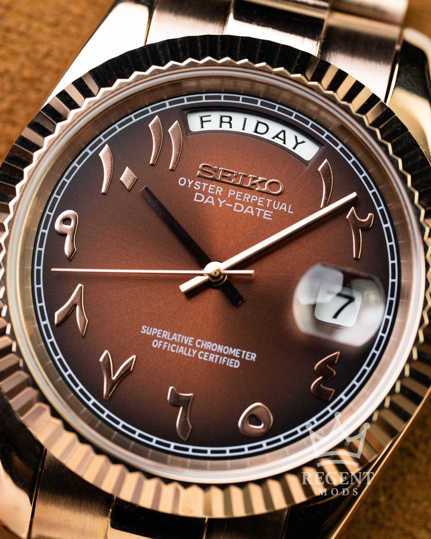 Custom Rose Gold Seiko Day-Date Mod With Sunburst Brown Chocolate Dial Arabic Numeral Indices Fluted Bezel And President Bracelet