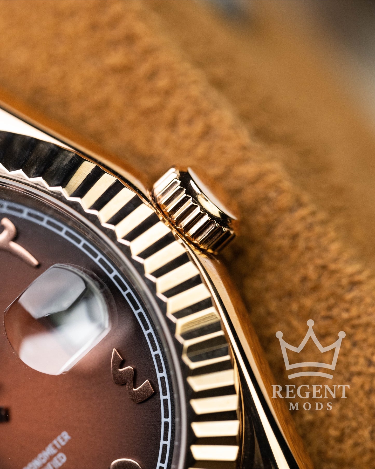 Custom Rose Gold Seiko Day-Date Mod With Sunburst Brown Chocolate Dial Arabic Numeral Indices Fluted Bezel And President Bracelet