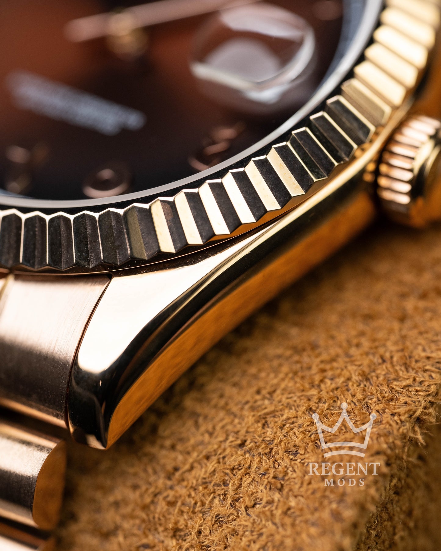 Custom Rose Gold Seiko Day-Date Mod With Sunburst Brown Chocolate Dial Arabic Numeral Indices Fluted Bezel And President Bracelet