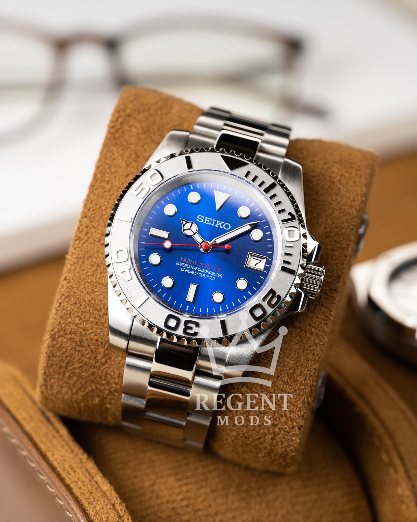 Seiko Mod Blue Red Yacht Master Homage Blue Dial Dive Watch With Date