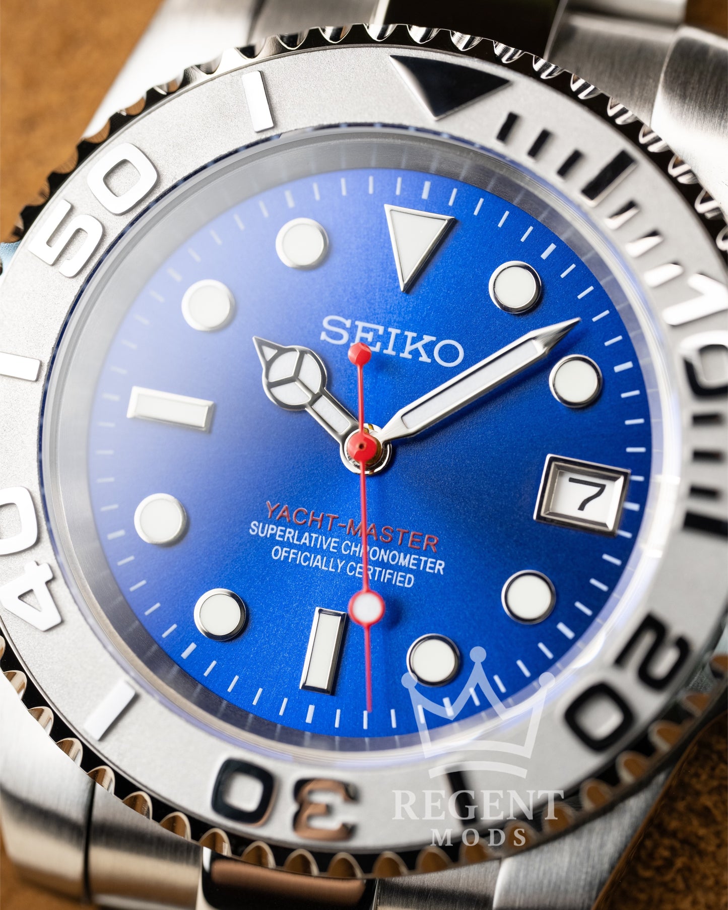 Seiko Mod Blue Red Yacht Master Homage Blue Dial Dive Watch With Date