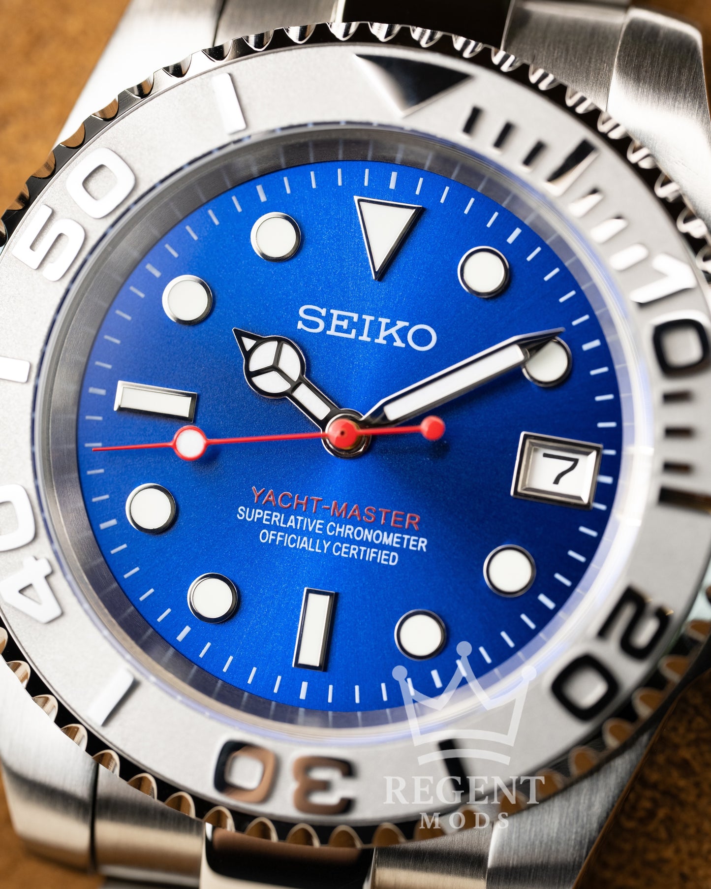 Seiko Mod Blue Red Yacht Master Homage Blue Dial Dive Watch With Date
