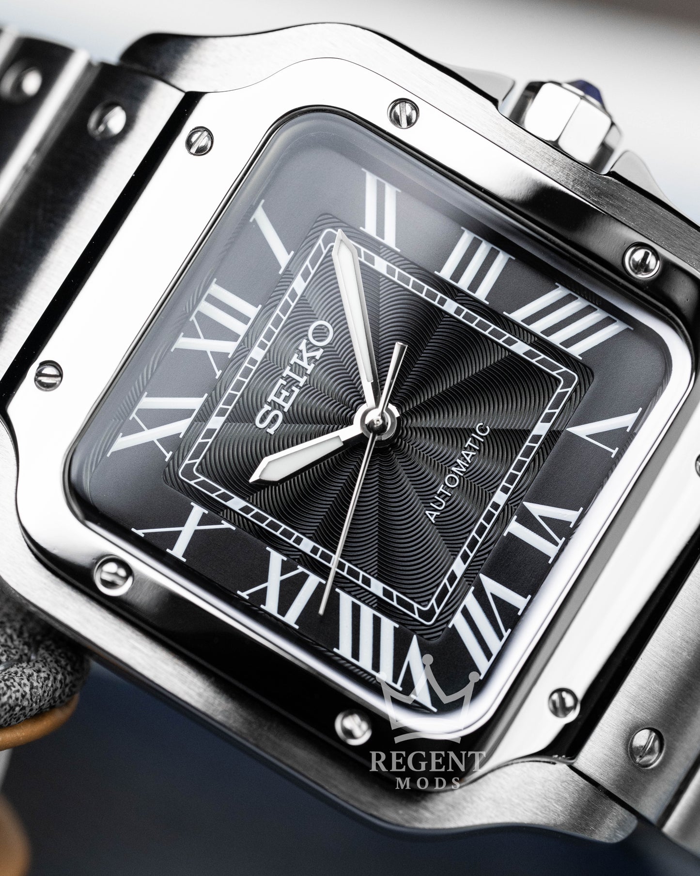 Seiko Mod Cartier Santos Custom Steel Square Case With Black Guilloche Dial Roman Numerals