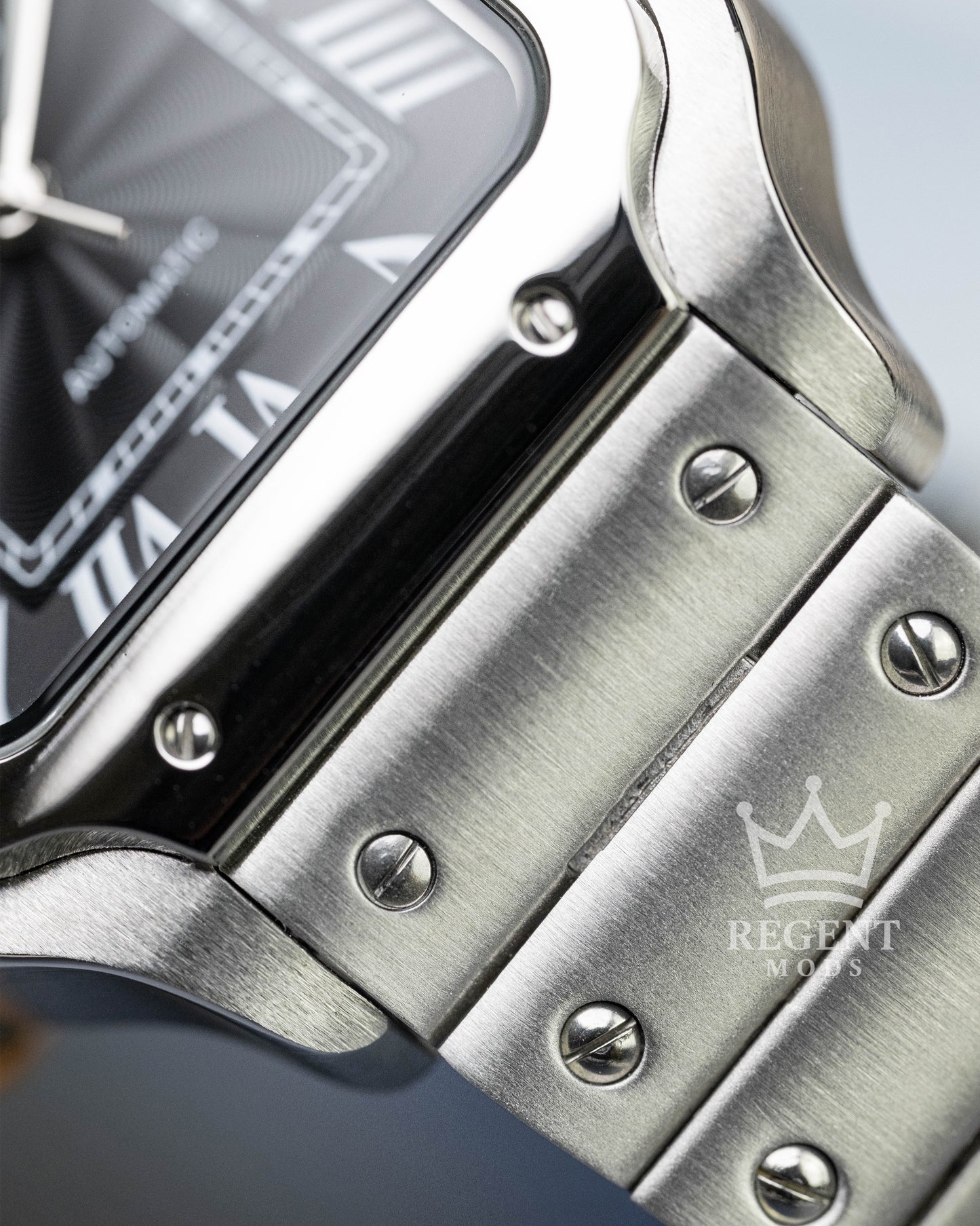 Seiko Mod Cartier Santos Custom Steel Square Case With Black Guilloche Dial Roman Numerals