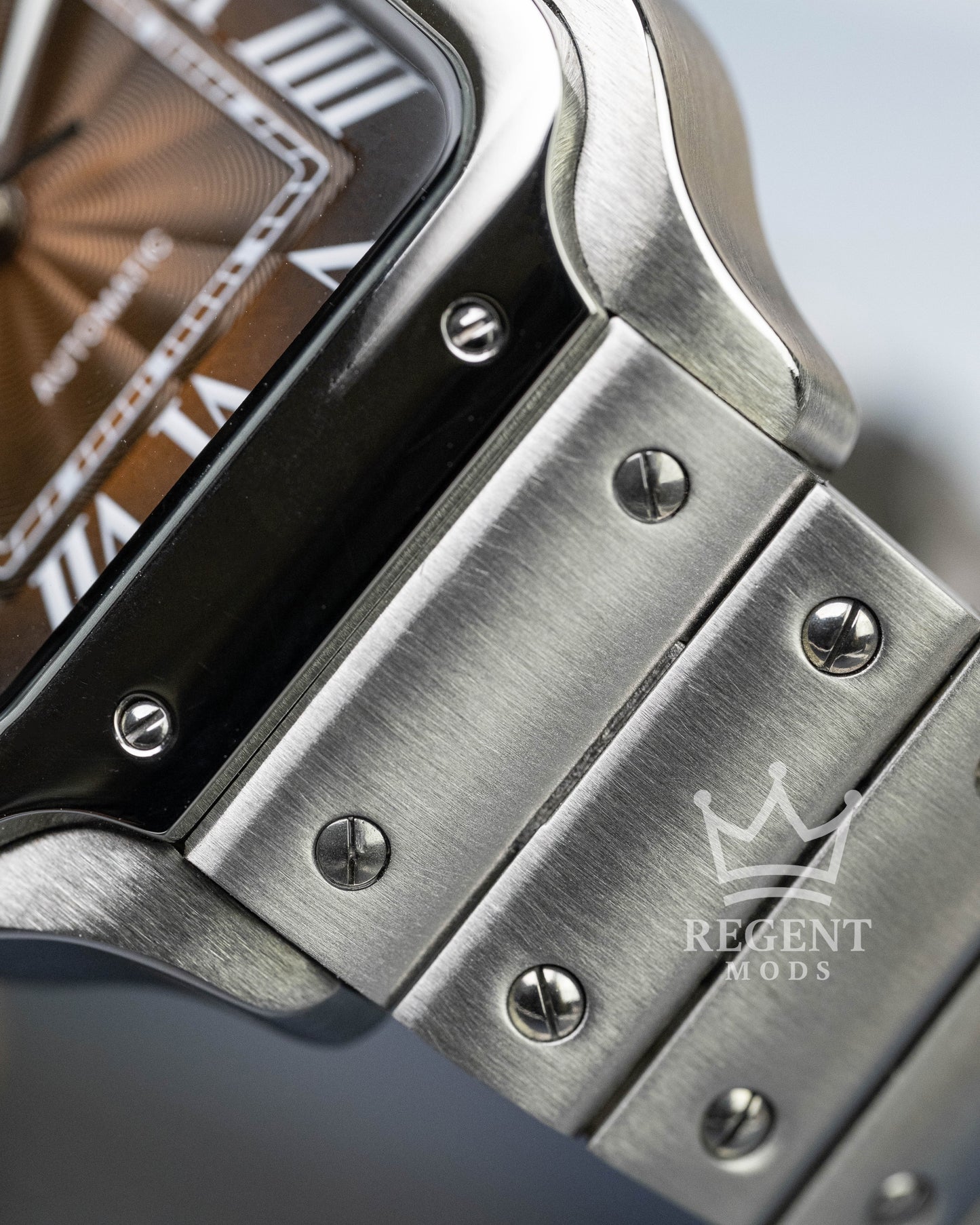 Seiko Mod Cartier Santos Custom Steel Square Case With Brown Guilloche Dial Roman Numerals