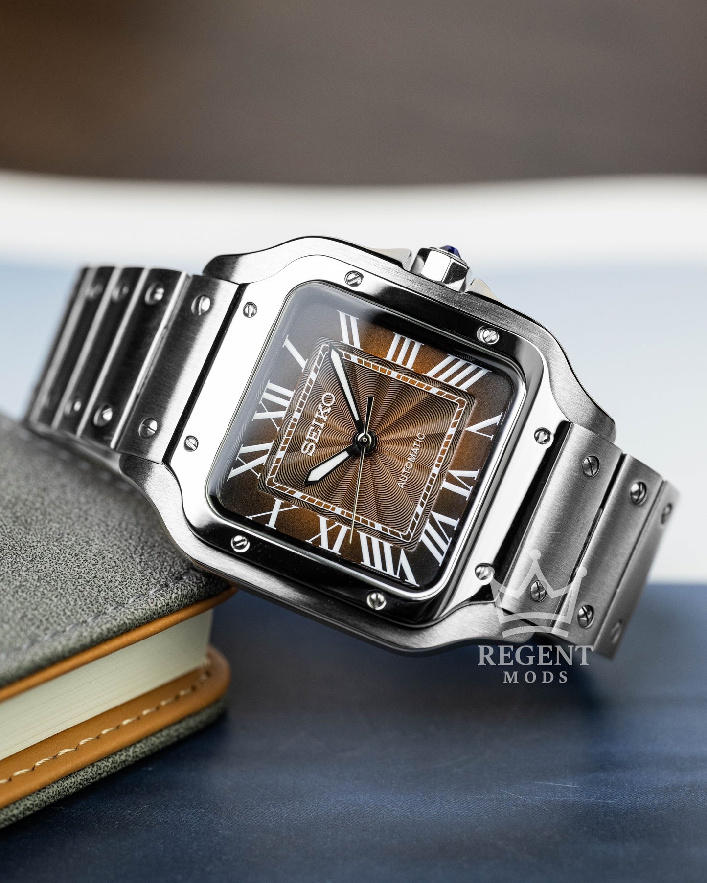 Seiko Mod Cartier Santos Custom Steel Square Case With Brown Guilloche Dial Roman Numerals