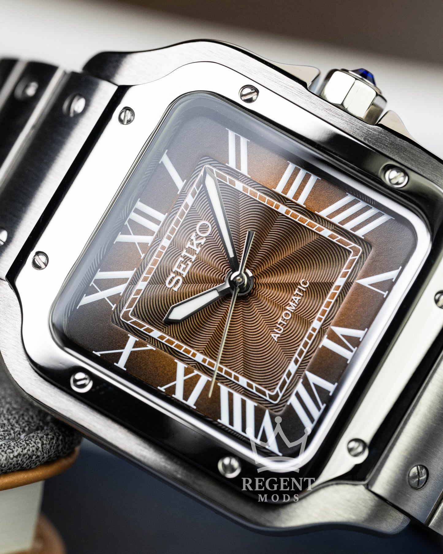 Seiko Mod Cartier Santos Custom Steel Square Case With Brown Guilloche Dial Roman Numerals