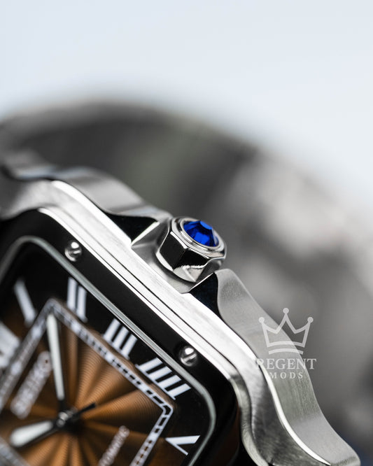 Seiko Mod Cartier Santos Custom Steel Square Case With Brown Guilloche Dial Roman Numerals