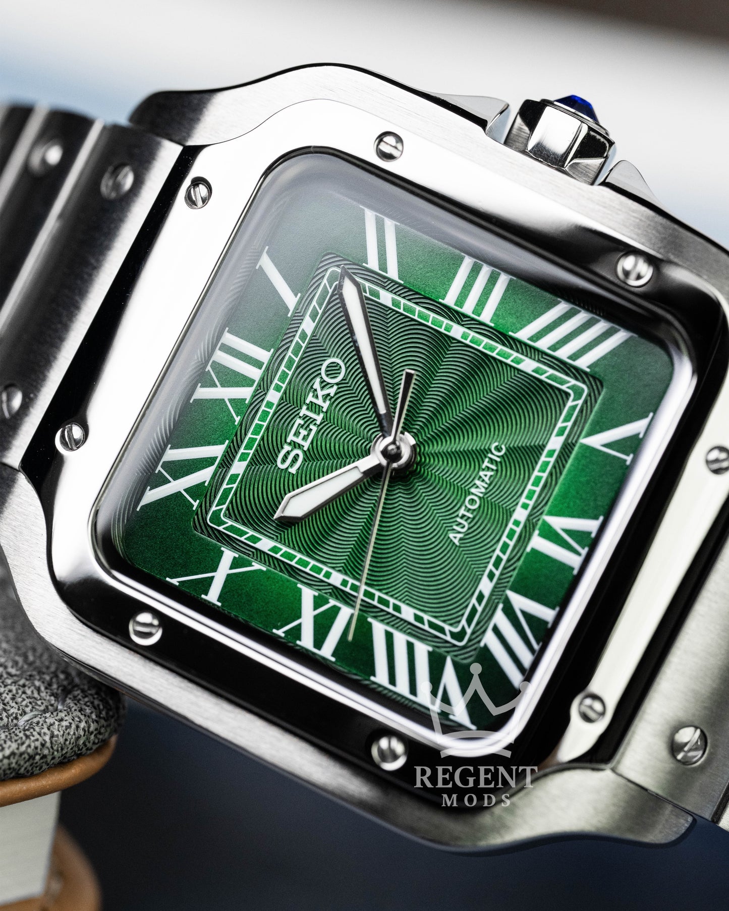 Seiko Mod Cartier Santos Custom Steel Square Case With Green Guilloche Dial Roman Numerals