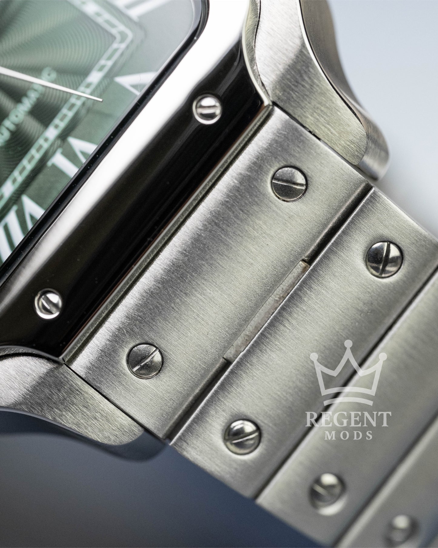 Seiko Mod Cartier Santos Custom Steel Square Case With Green Guilloche Dial Roman Numerals