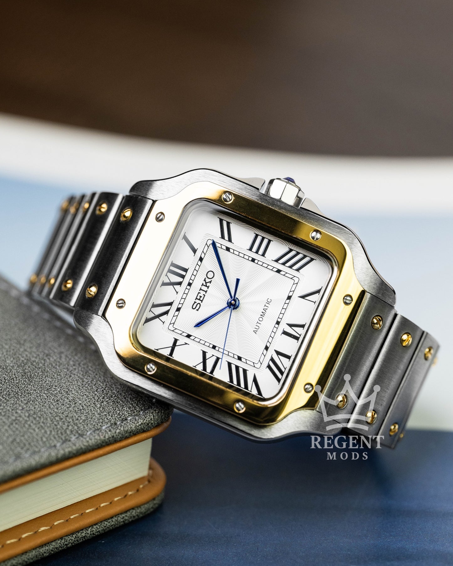 Seiko Mod Cartier Santos Two-Toned Custom Steel Gold Square Case With White Guilloche Dial Blue Hands Roman Numerals
