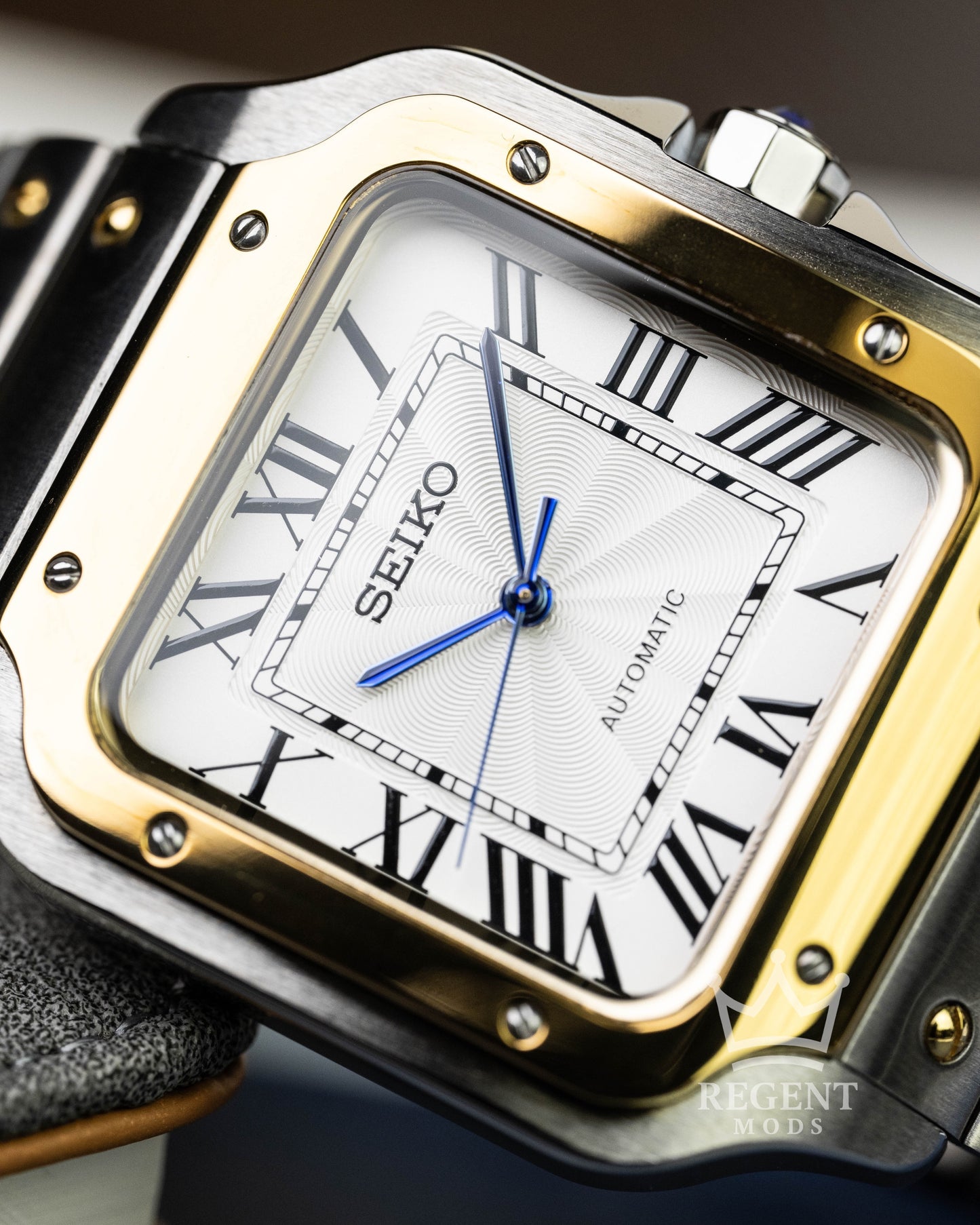 Seiko Mod Cartier Santos Two-Toned Custom Steel Gold Square Case With White Guilloche Dial Blue Hands Roman Numerals