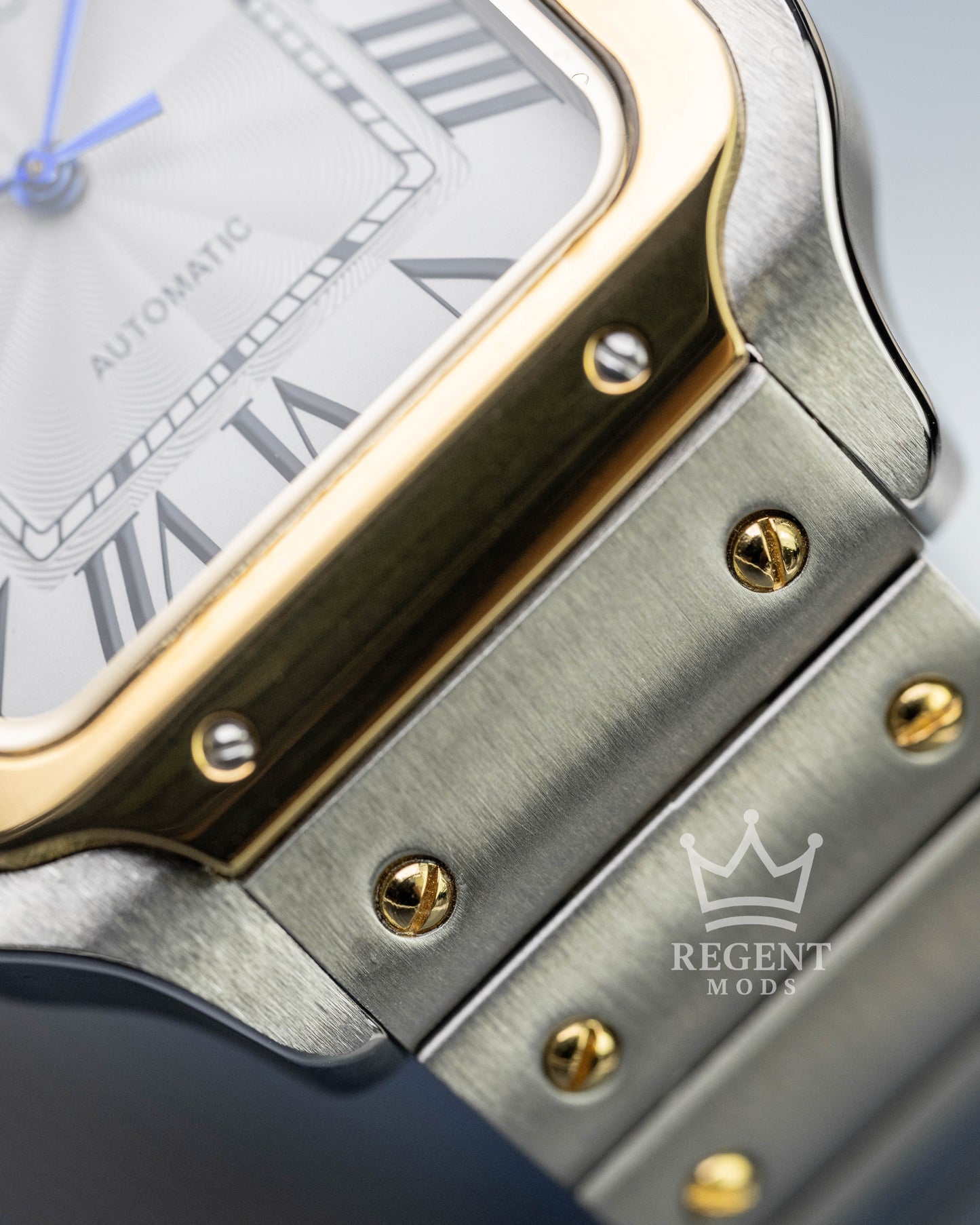 Seiko Mod Cartier Santos Two-Toned Custom Steel Gold Square Case With White Guilloche Dial Blue Hands Roman Numerals