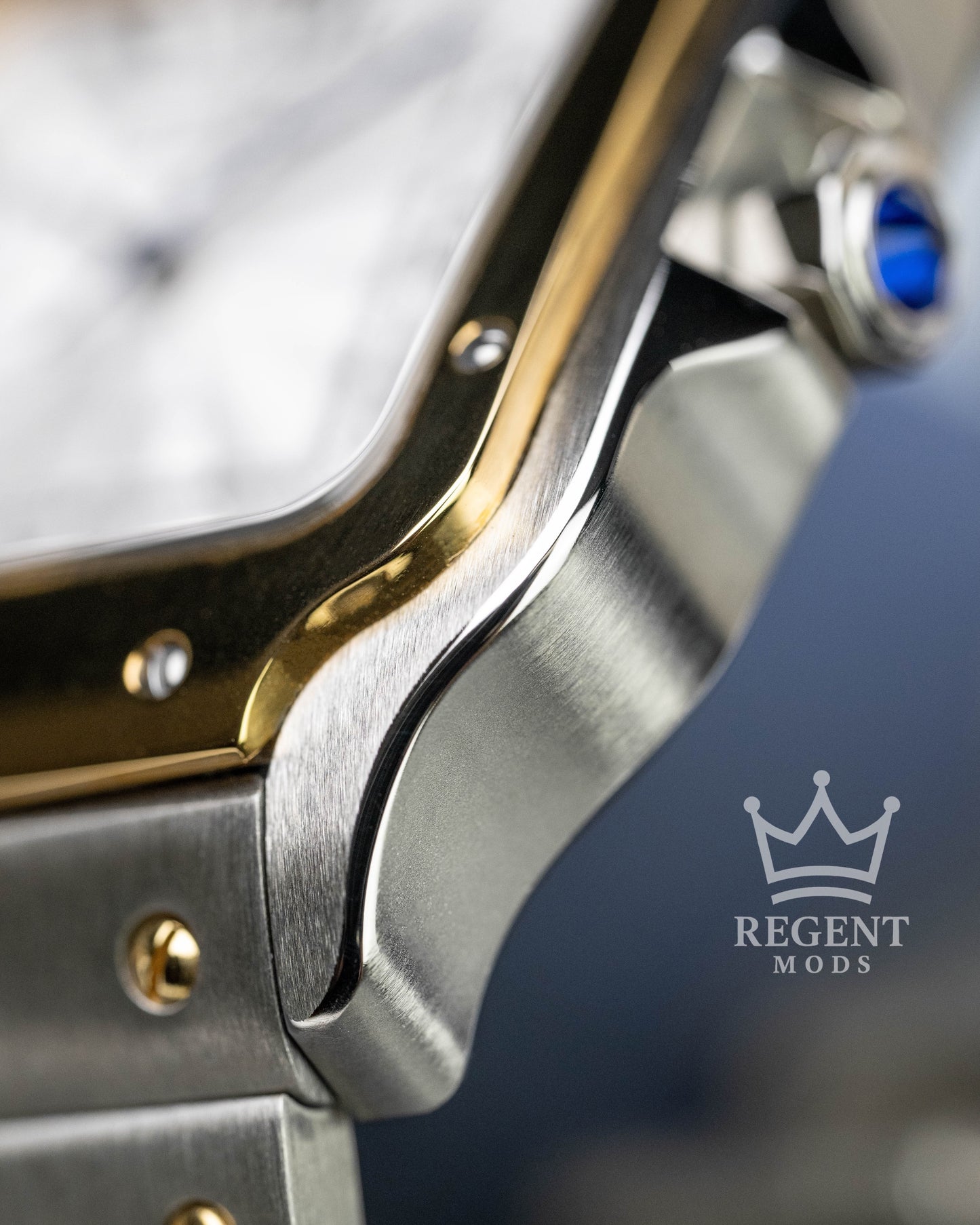 Seiko Mod Cartier Santos Two-Toned Custom Steel Gold Square Case With White Guilloche Dial Blue Hands Roman Numerals